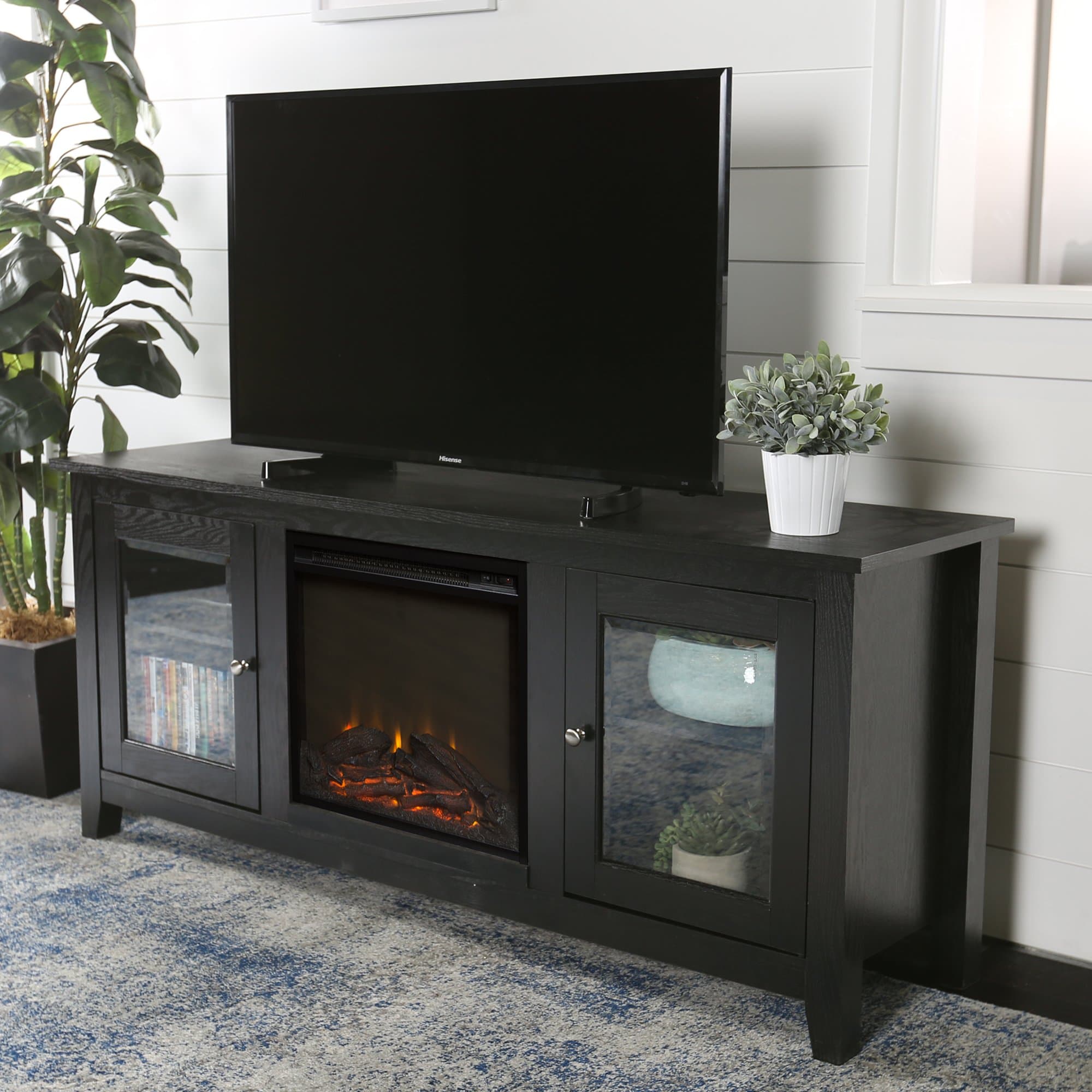 Home Accent Furnishings 58 Inch Fireplace TV Stand with Glass Doors in Black