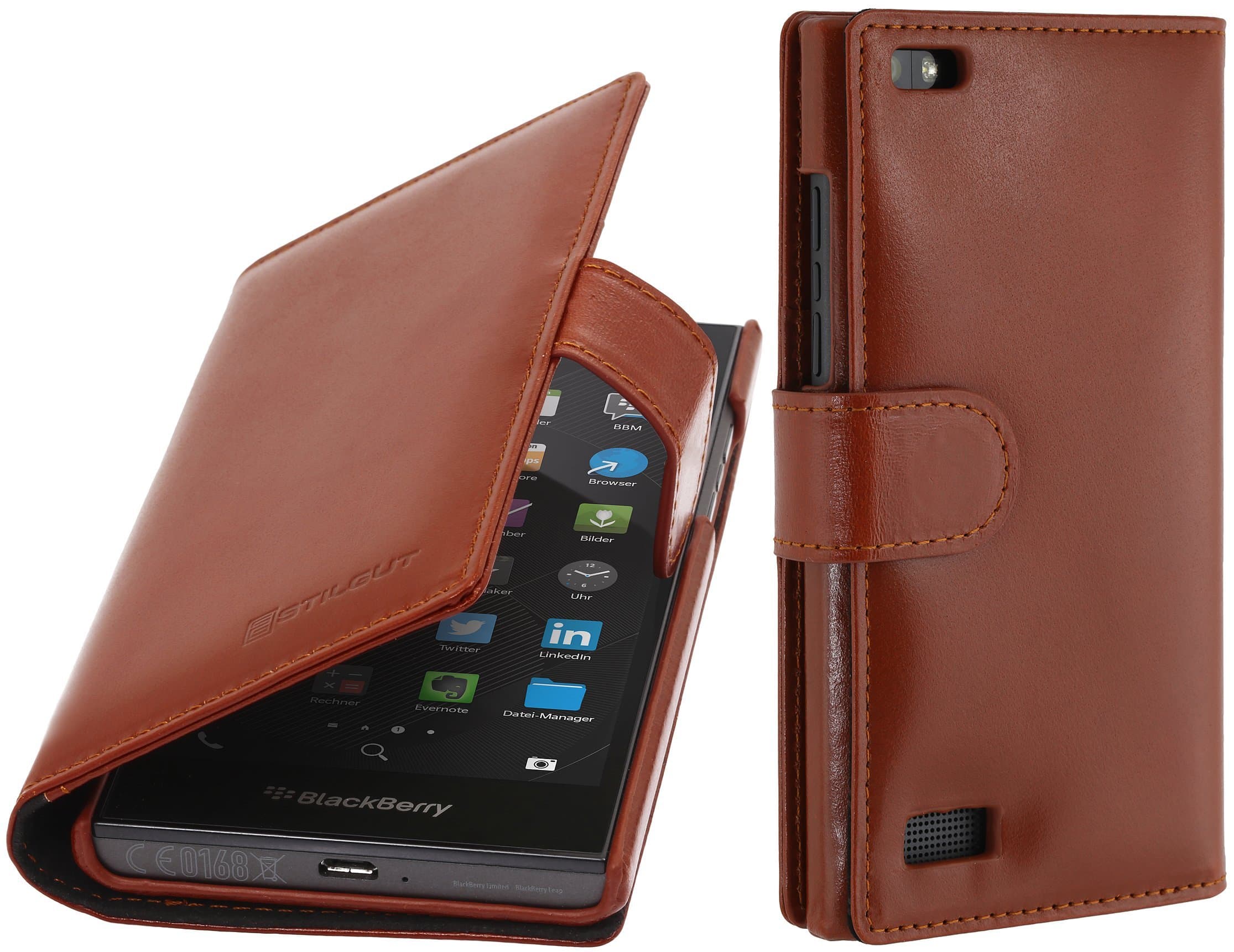 StilGut Talis, Genuine Leather Wallet Case, Cover for for BlackBerry Leap, Cognac Brown