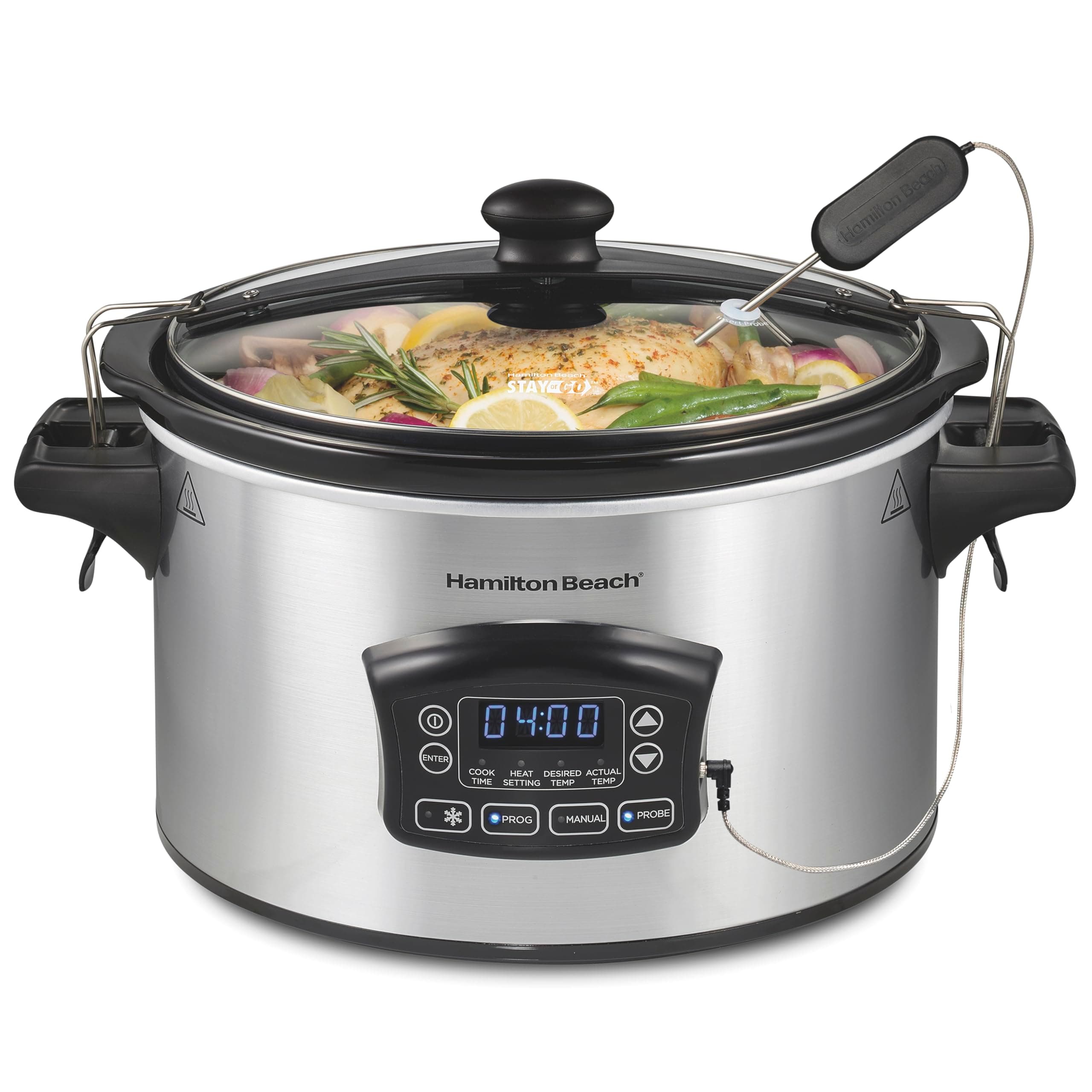 Portable 6 Quart Set & Forget Digital Programmable Slow Cooker with Lid Lock, Temperature Probe & Defrost Setting, Dishwasher Safe Crock & Lid, Silver (33869)