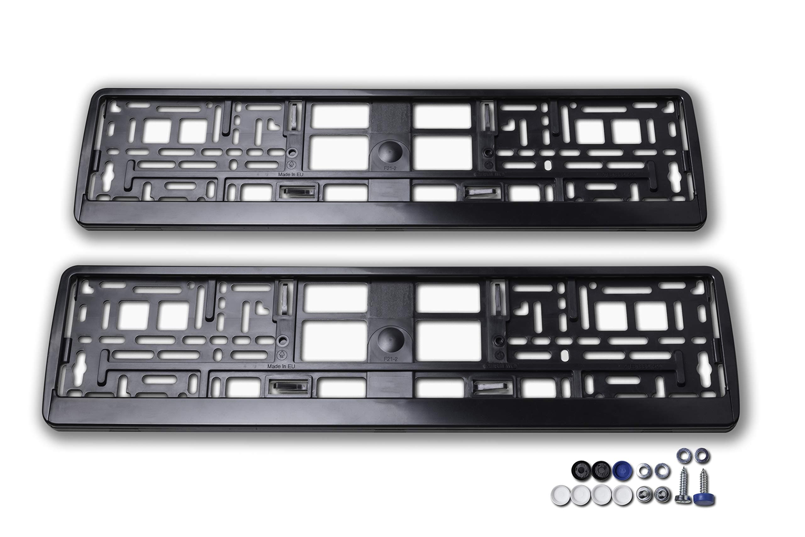 Number plate holder, with screws, washers and caps for a car, shiny, set: 2 pieces and attachment (German version)