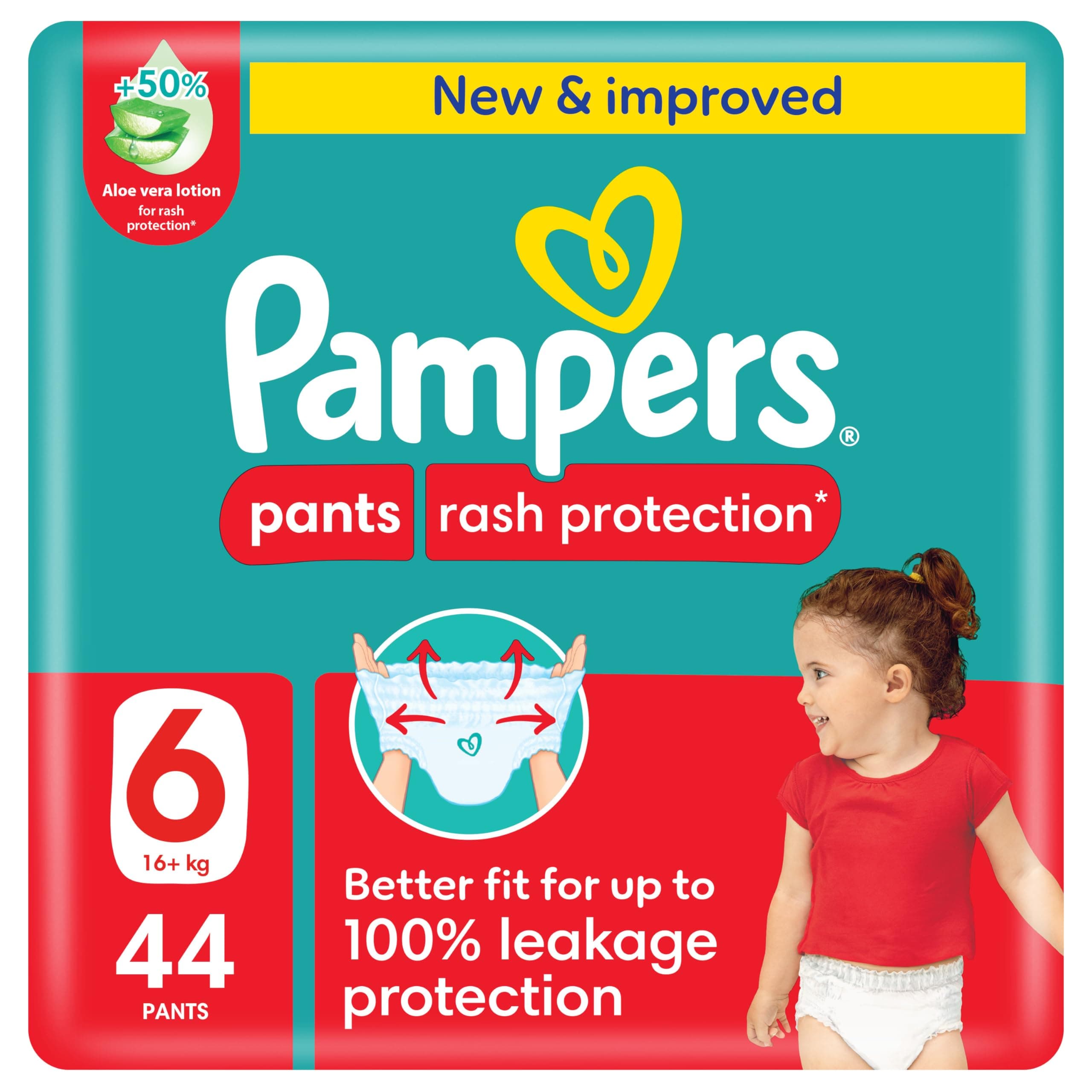 Rash Protection Pants Diapers, Size 6, 16+kg, +50% Aloe Vera Lotion, 360° Leak-Free Fit for up to 100% Leakage Protection, Giant Pack, 44 Count