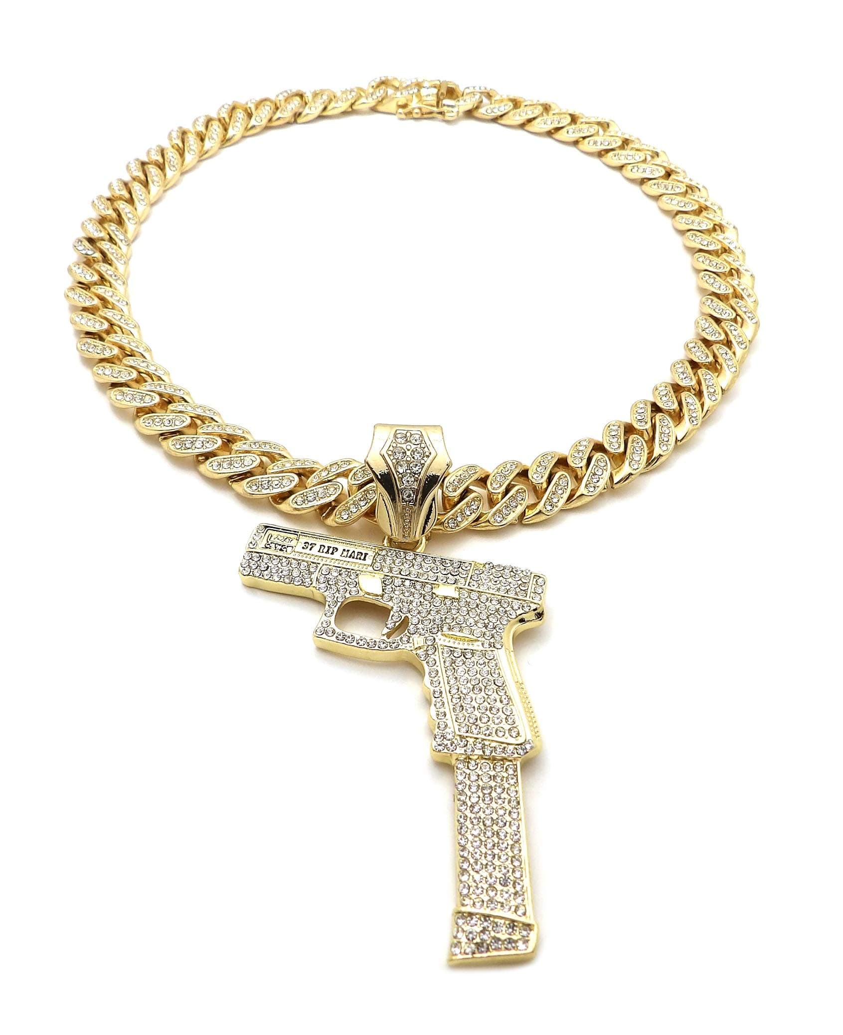 Hip Hop 37 RIP Mary Gun Pendant & 12mm 18" Full Iced Cuban Chain Necklace