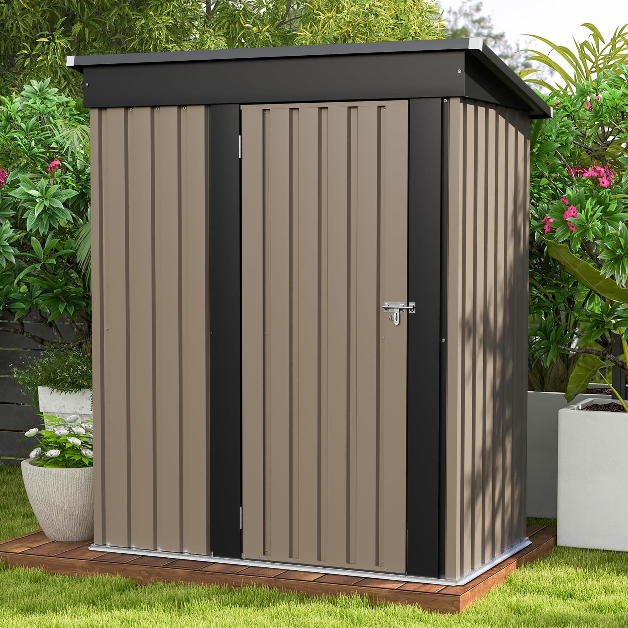 5x3 FT Outdoor Storage Shed, Tool Shed with Sloping Roof and Lockable Door, Metal Shed for Backyard Garden Patio Lawn, Brown