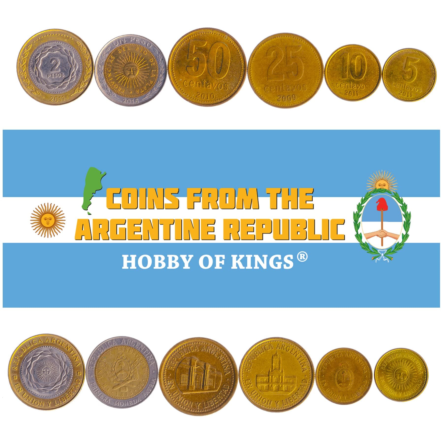 6 Coins from Argentina | Argentine Coin Set Collection 5 10 25 50 Centavos 1 2 Pesos | Circulated 2006-2016 | Cabildo | Tucuman | Sun of May