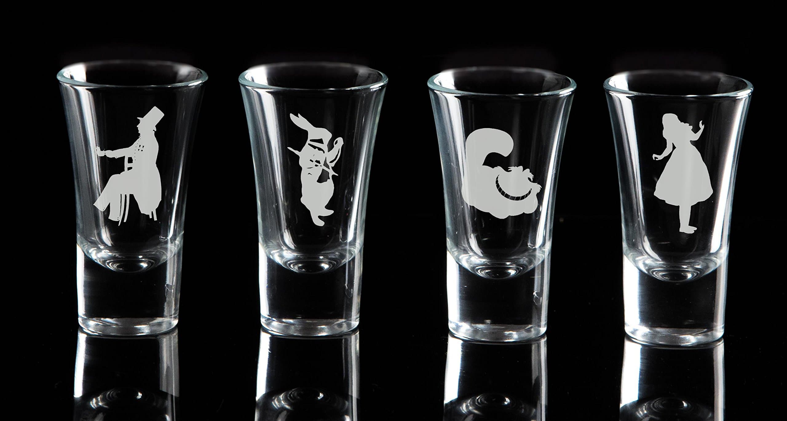 Alice in Wonderland, Mad Hatter, White Rabbit Cheshire Cat Etched Shot Glasses, Set of 4, matching Wine Glasses and Beer Glasses Available. Ideal for weddings, birthday and Christmas gifts