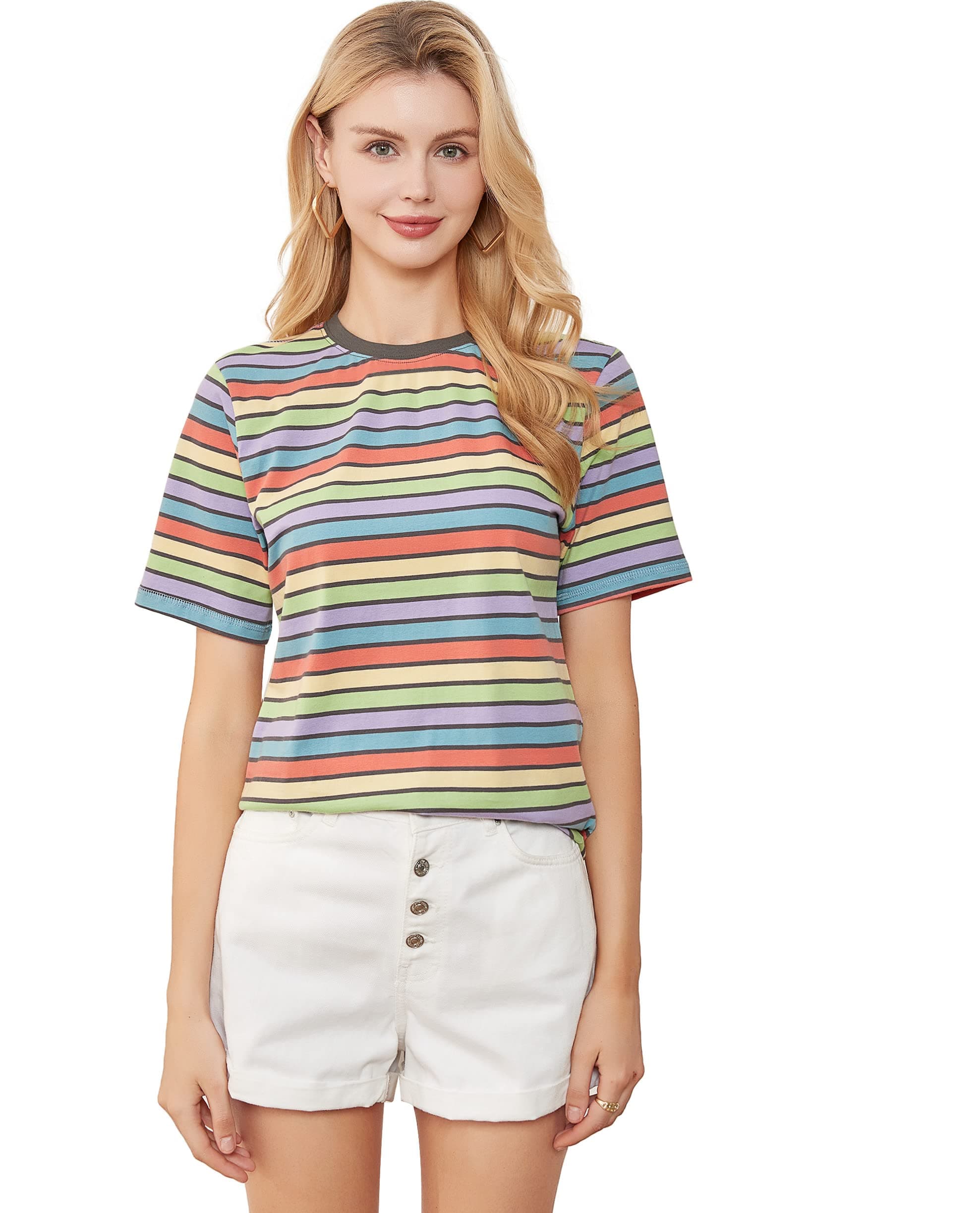 VEIISARWomens Crew Neck T Shirt Colorful Stripes Tee Tops