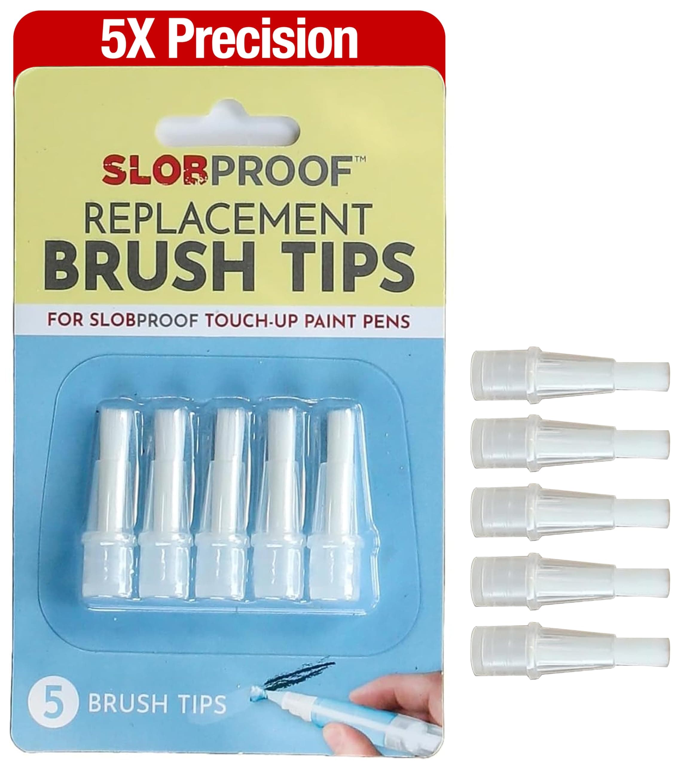 Slobproof Replacement Brush Tips for Refillable Touch-Up Paint Pens, Mess-Free, Easy to Install, Tools for Paint Brushes, DIY Home Improvement, Wall, Furniture Repair, Arts and Crafts, Pack of 5