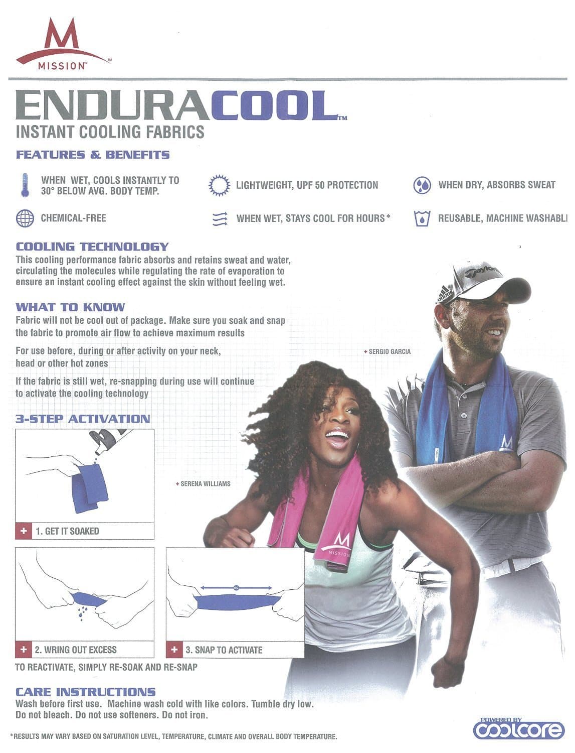 EnduraCool Mission Athletecare Towel - 20% Larger Than Standard Large - 13" x 37" - Perfect Bandana or Headband W/Cinch Sack