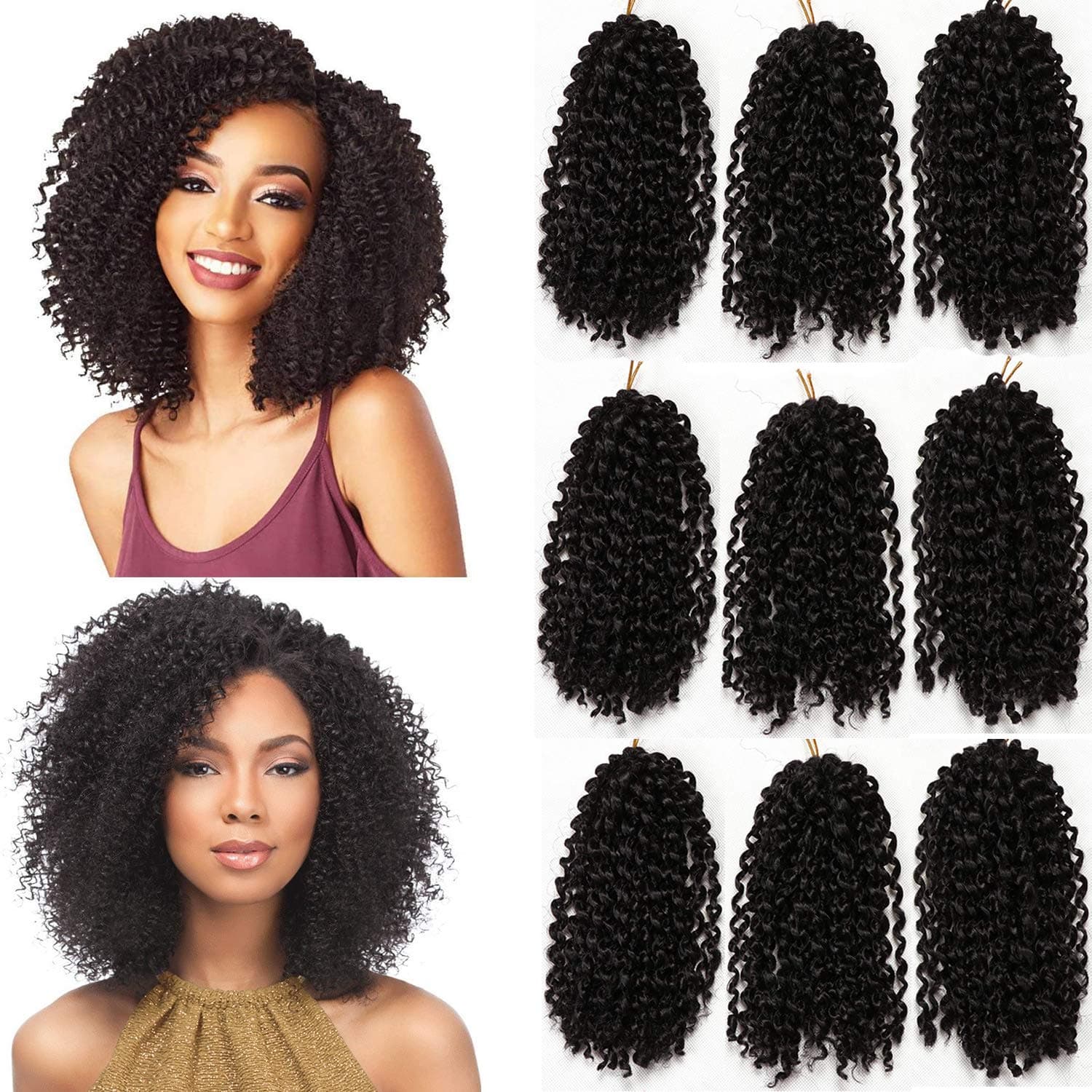 9 Bundles/Lot Marlybob Crochet Hair Kinky Curly Crochet Hair 8 Inch Short Jerry Curly Crochet Hair Omber Crochet Braids Crochet Braiding Hair (#1B)