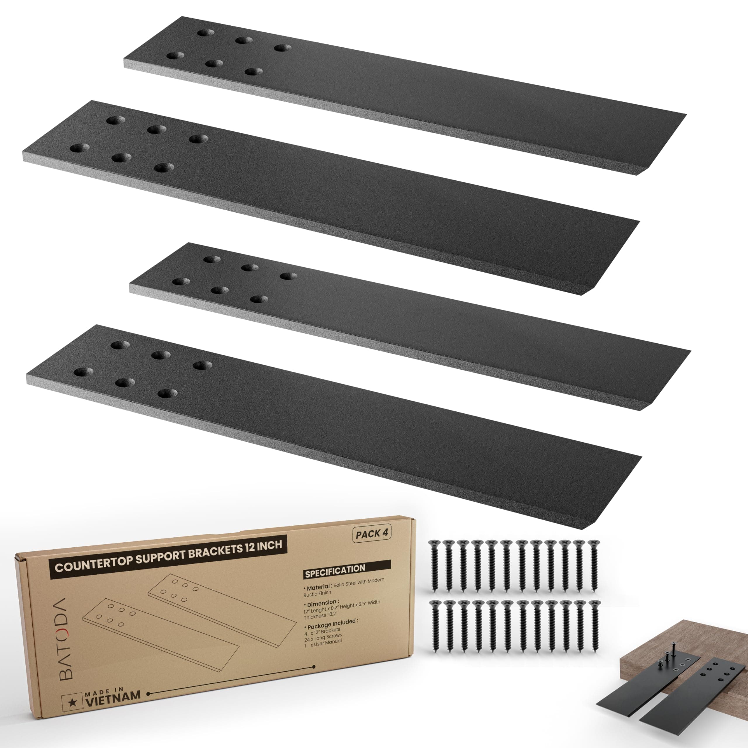 BATODA 12" Countertop Support Brackets (4 pcs) for Granite - Heavy Duty L Shelf Bracket - Wall Mounted Support for DIY Open Shelving – Blind Shelf Support - Shelving Mounting Hardware Included