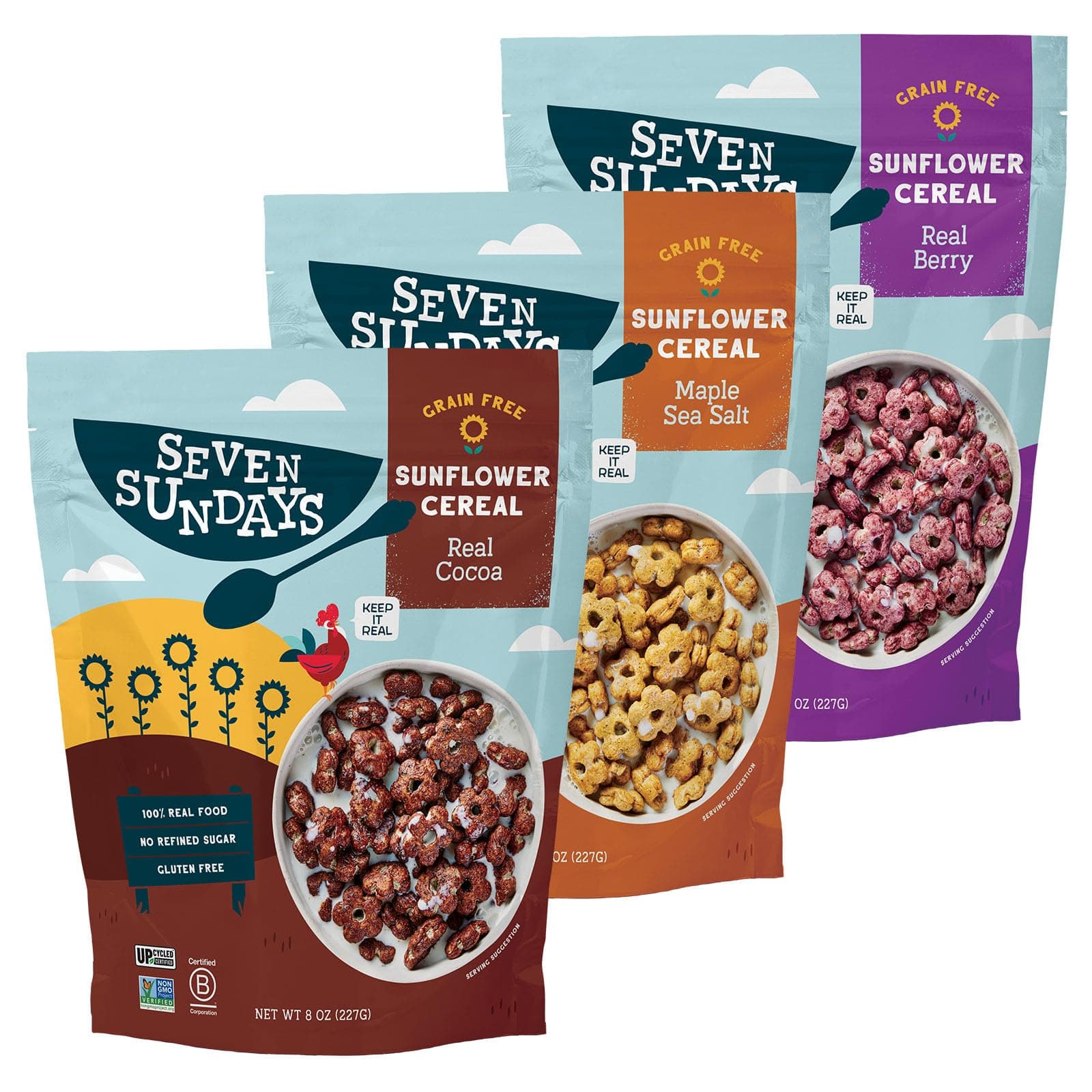 Seven Sundays Sunflower Cereal, Variety Pack, 8 Oz Bag (Pack of 3), Grain & Gluten Free, Upcycled Protein, Maple Sea Salt, Real Berry, Real Cocoa