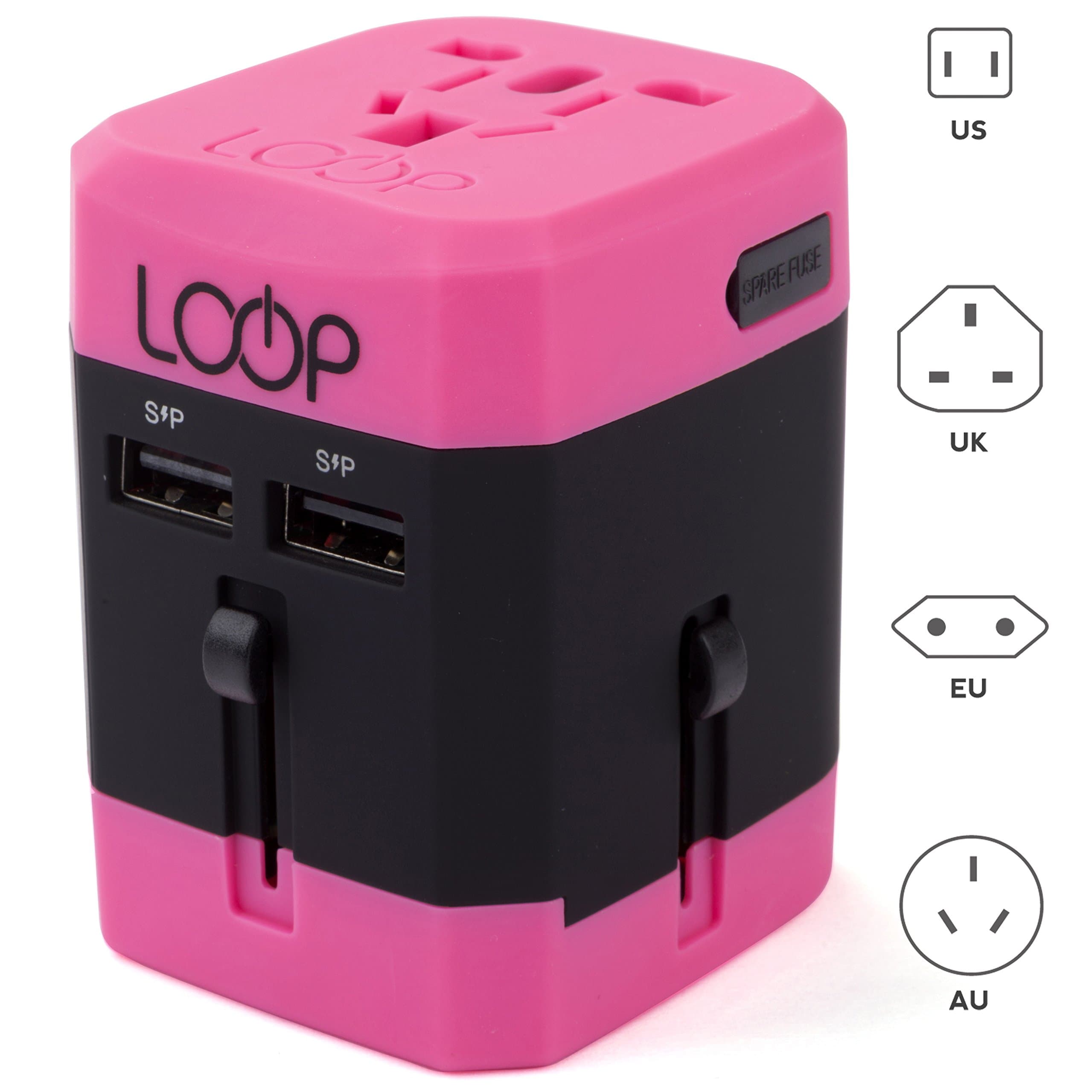 LOOP World Adapter Plug, Worldwide Travel Adapter Charger [US UK EU AU CN] w/ Dual USB Charging Ports & Universal AC Socket - Safety Fused (Pink)