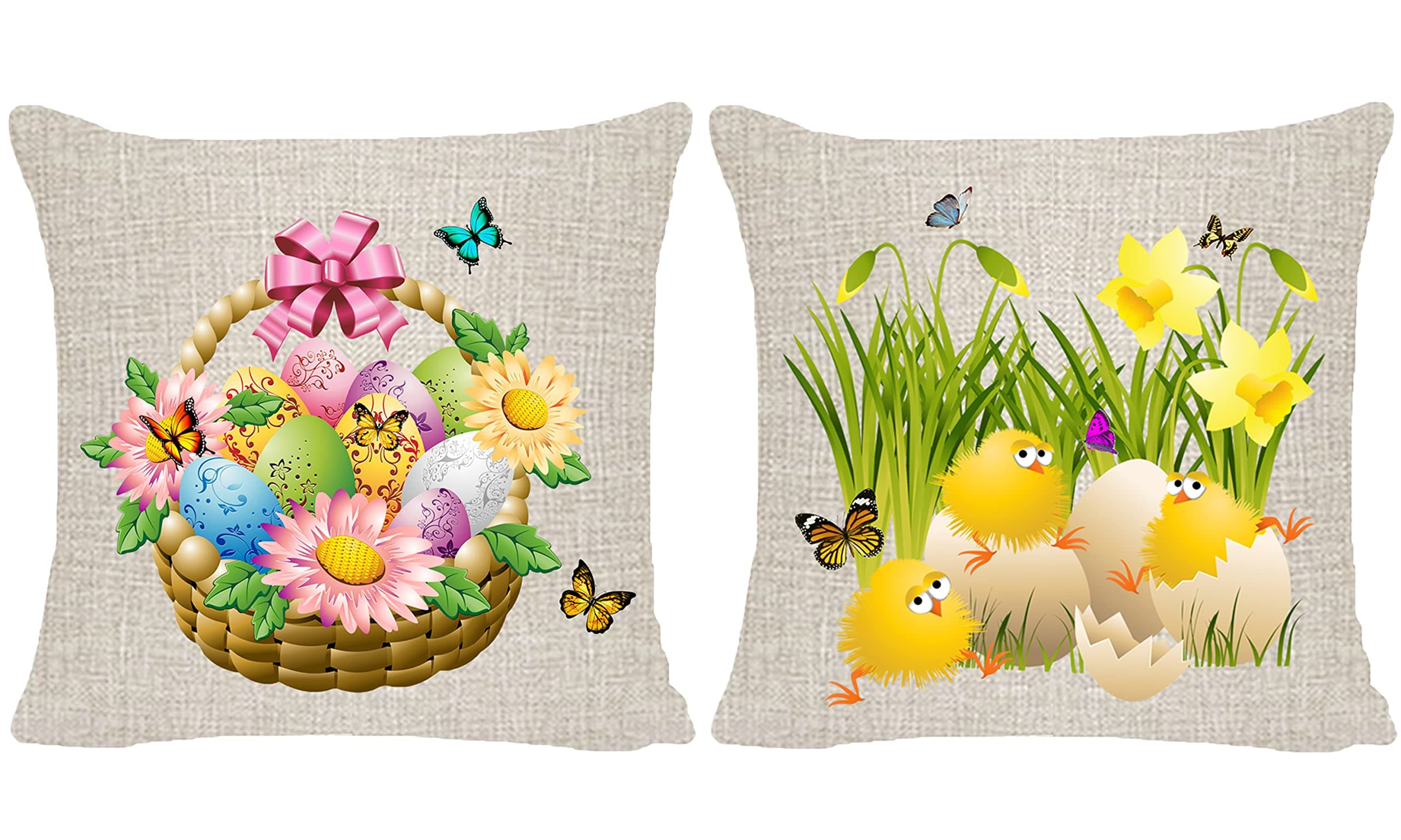 HysunlandEaster Pillow Cover 18x18 Set of 2 Colored Eggs Butterflies Basket Grass Spring Cushion Covers for The Home Burlap Farmhouse Pillow Cases with Zipper