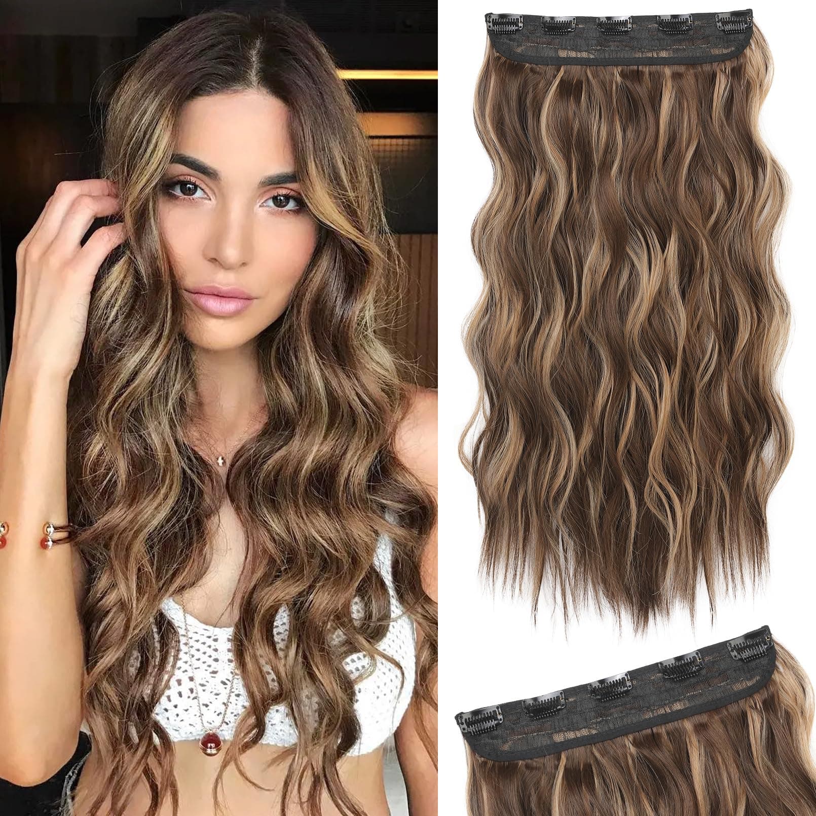 Clip in Hair Extensions, 20” One Piece Hair Extension Clip in Wefts Long Thick Beach Wavy Natural Soft Synthetic Hairpieces for Women, Chocolate Brown with Blonde Highlights