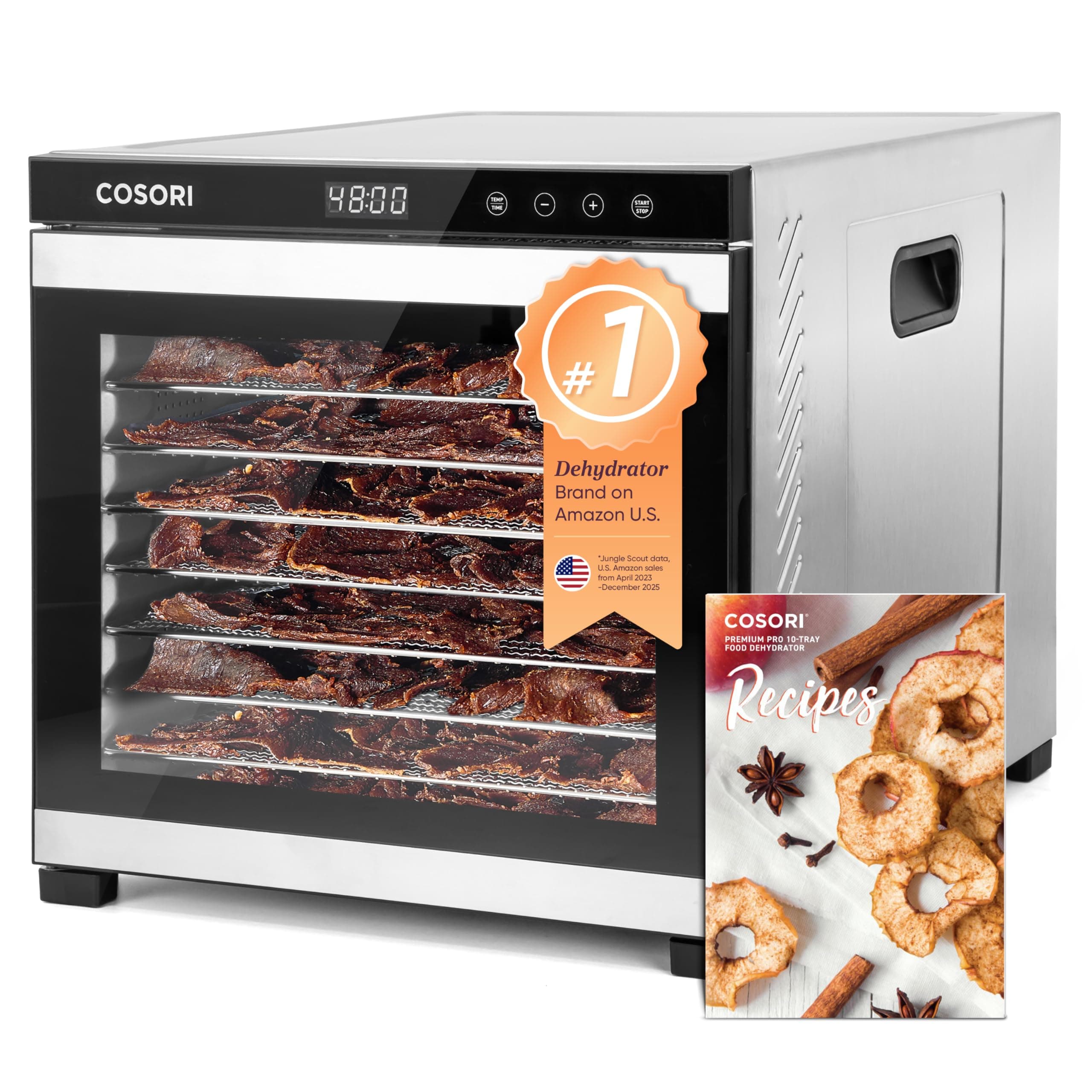 Food Dehydrator for Jerky, 10 Trays, 16.2ft² Drying Space, 165°F Temperature Control, 48H Timer, 1000W Dehydrator Machine, Stainless Steel, for Herbs, Fruit, Meat, and Yogurt, Silver