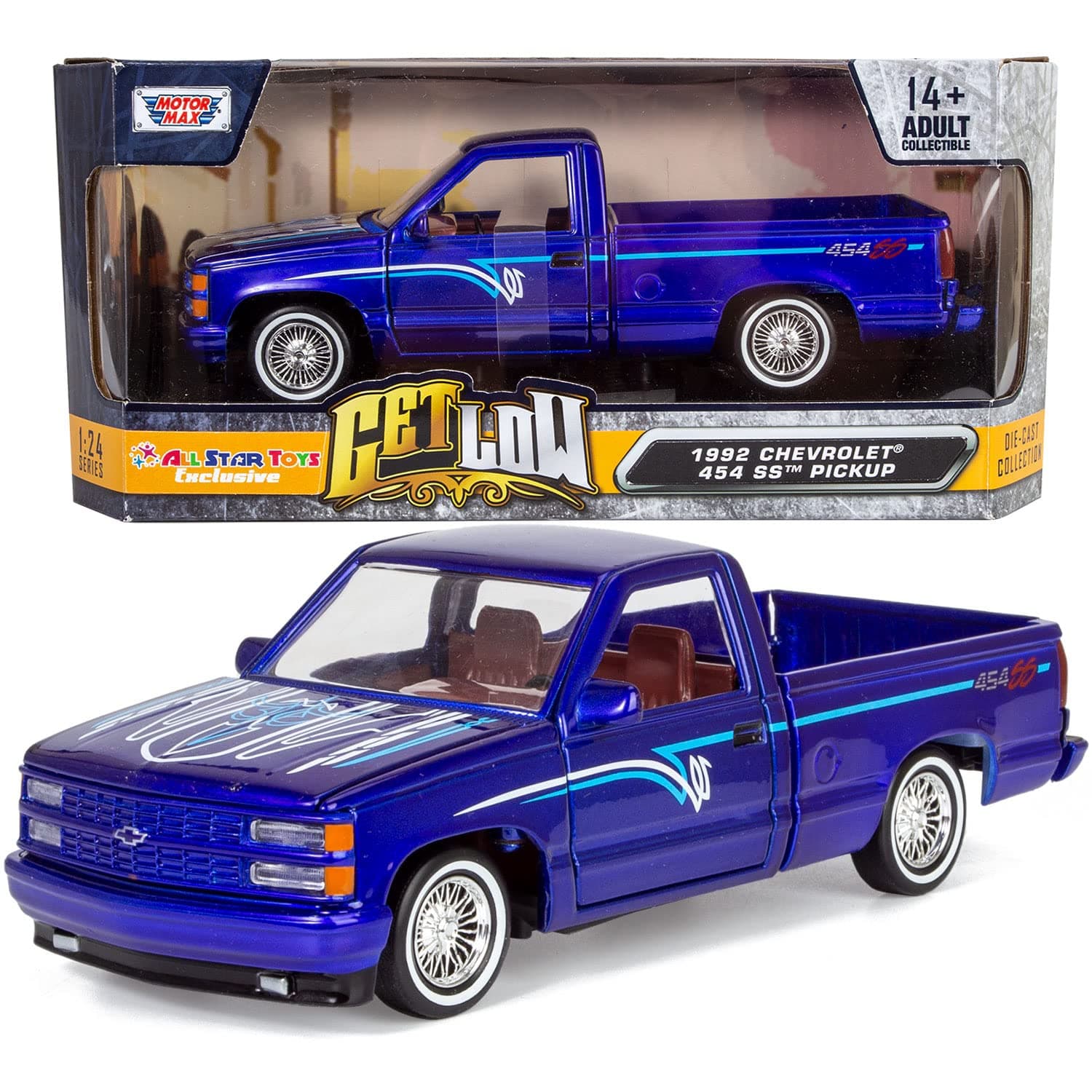 Motormax 1992 Silverado 454SS Pickup Lowrider Truck Candy Blue 1/24 Diecast Model Exclusive Get Low 79036