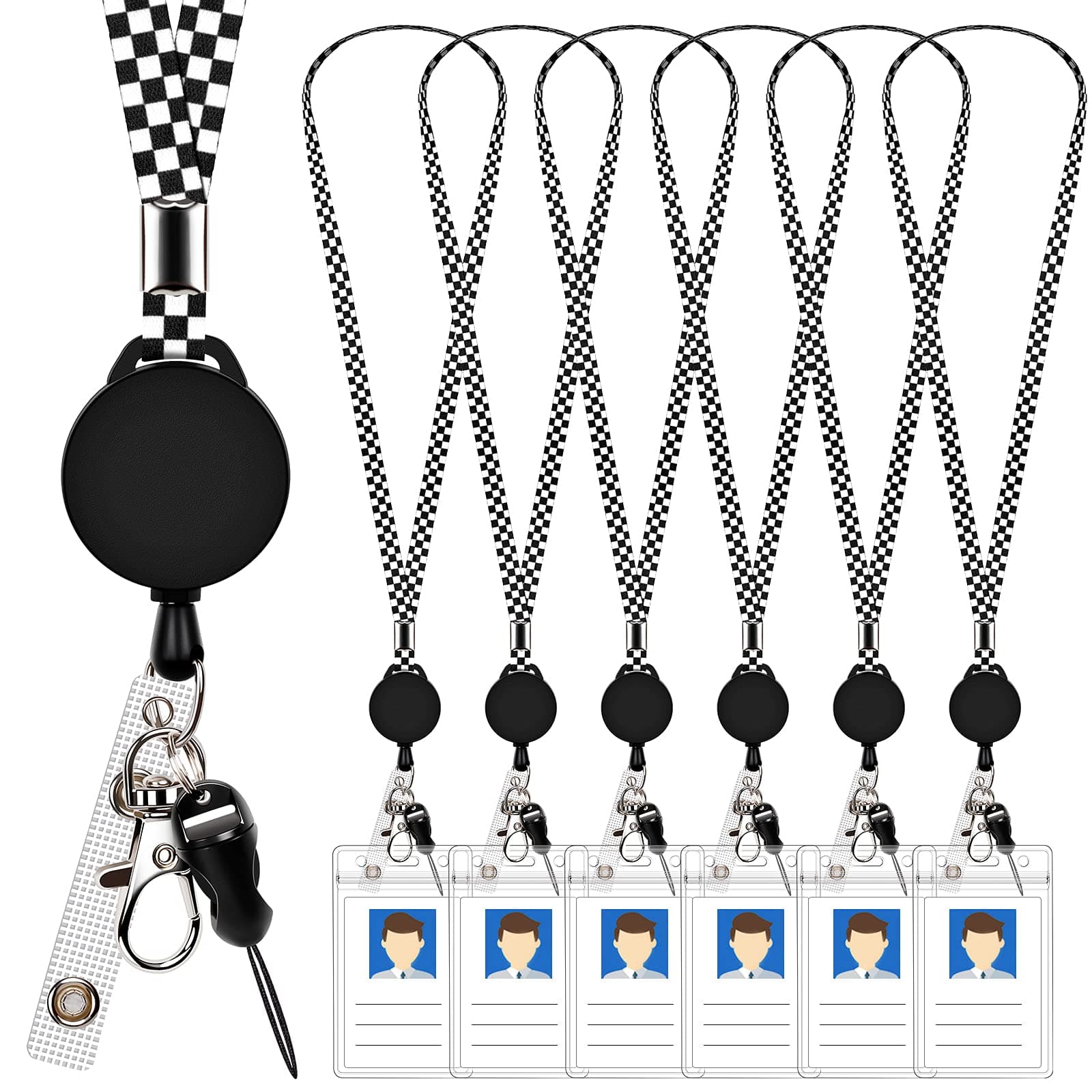 UpUGoUpUGo 6 Pack Retractable Badge Lanyards and ID Badge Holder, Strap Lanyard with Swivel Metal Lobster Clasp for Badge Holders, Keychains, Offices, Staff, Students, Employees, Black White Chequer