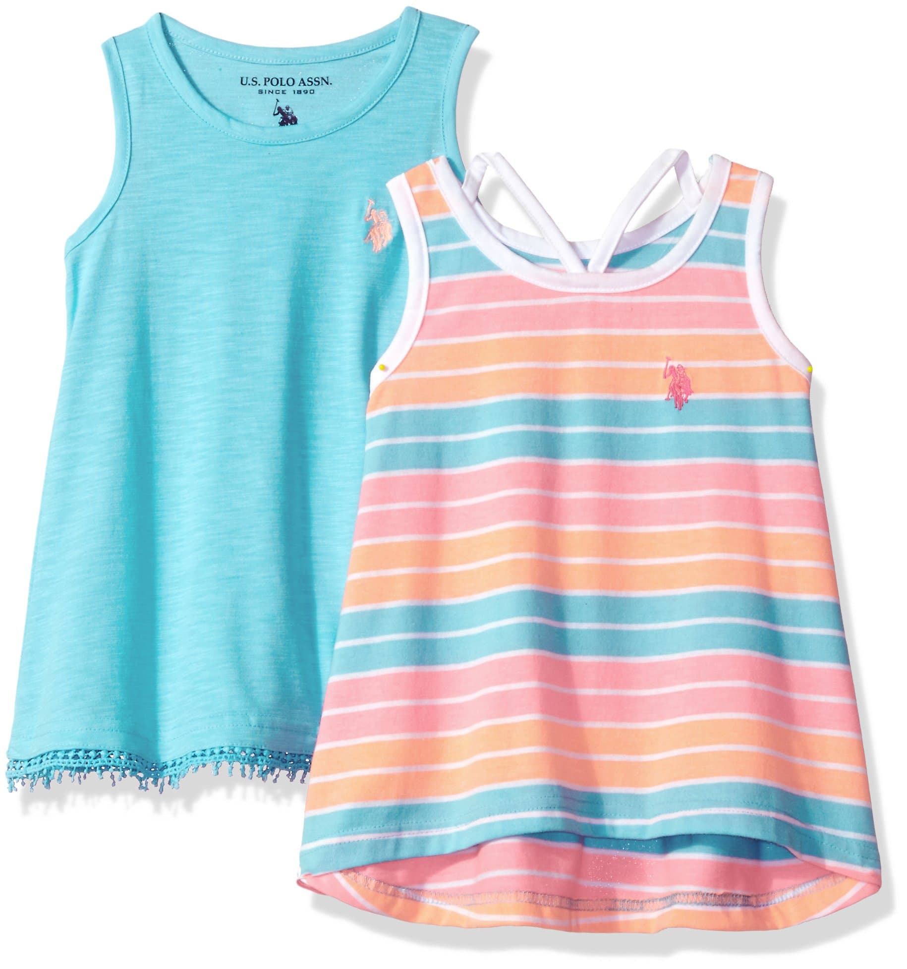 U.S. Polo Assn. Little Girls' 2 Pack Tank Tops, 1 Stripe and 1 Solid, Multi, 6X