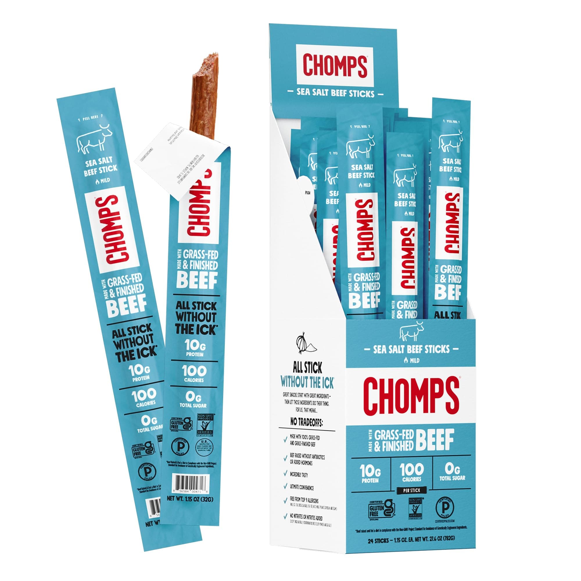 Grass Fed Sea Salt Beef Jerky Snack Sticks, Keto, Whole30, Paleo, Gluten Free, Sugar Free, Low Carb, AIP Diet Compliant, 1.15 Oz, Pack of 24