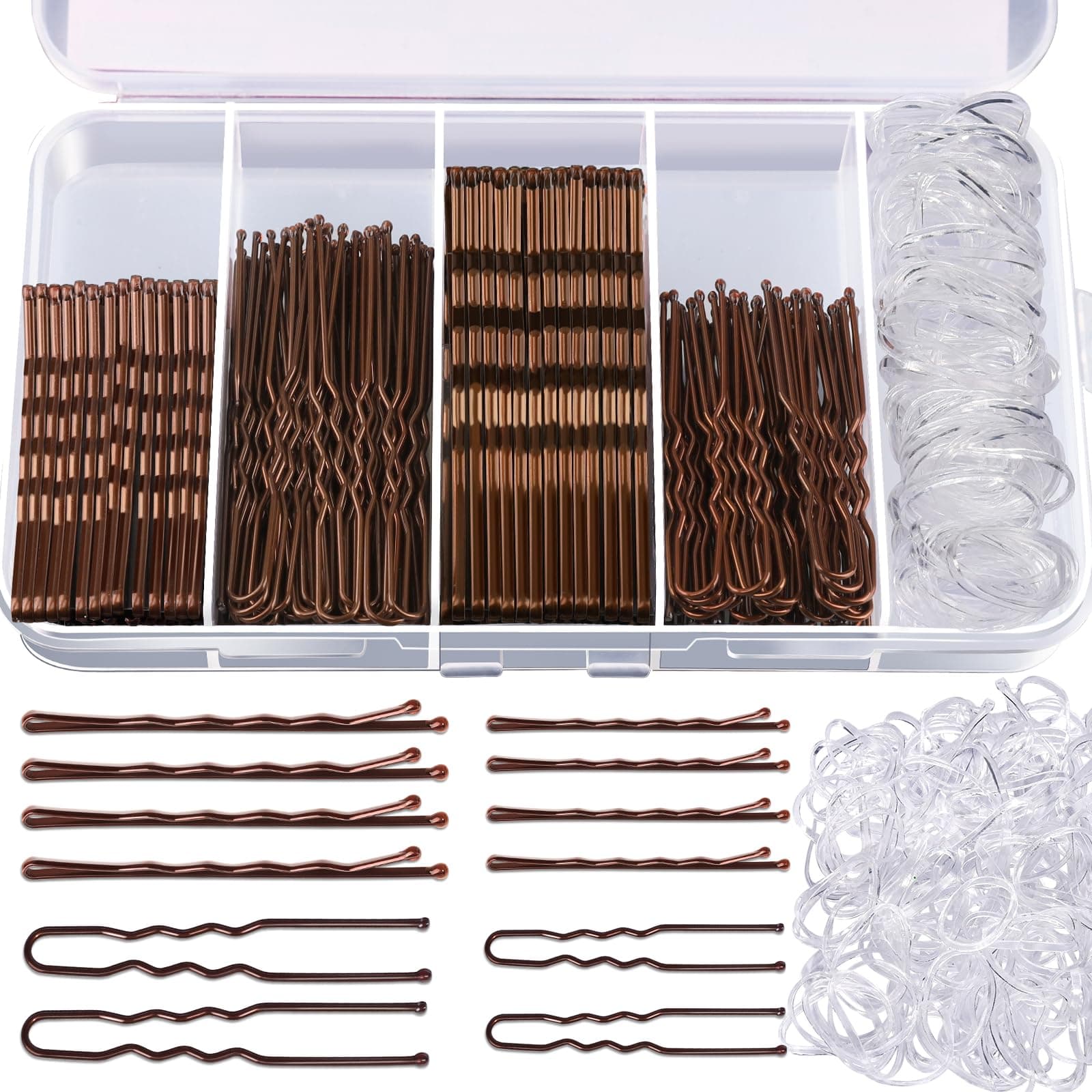 Teenitor 300 Pcs Bobby Pins Hairpin Kit, 100 Pcs Women Hairpins 100 Pcs Bobby Pins 100 Pcs Brown Hair Bands, Buns Hairpins, U-Shaped Pins 2" 2.35" Bobby Pins for Women 2" 2.75"