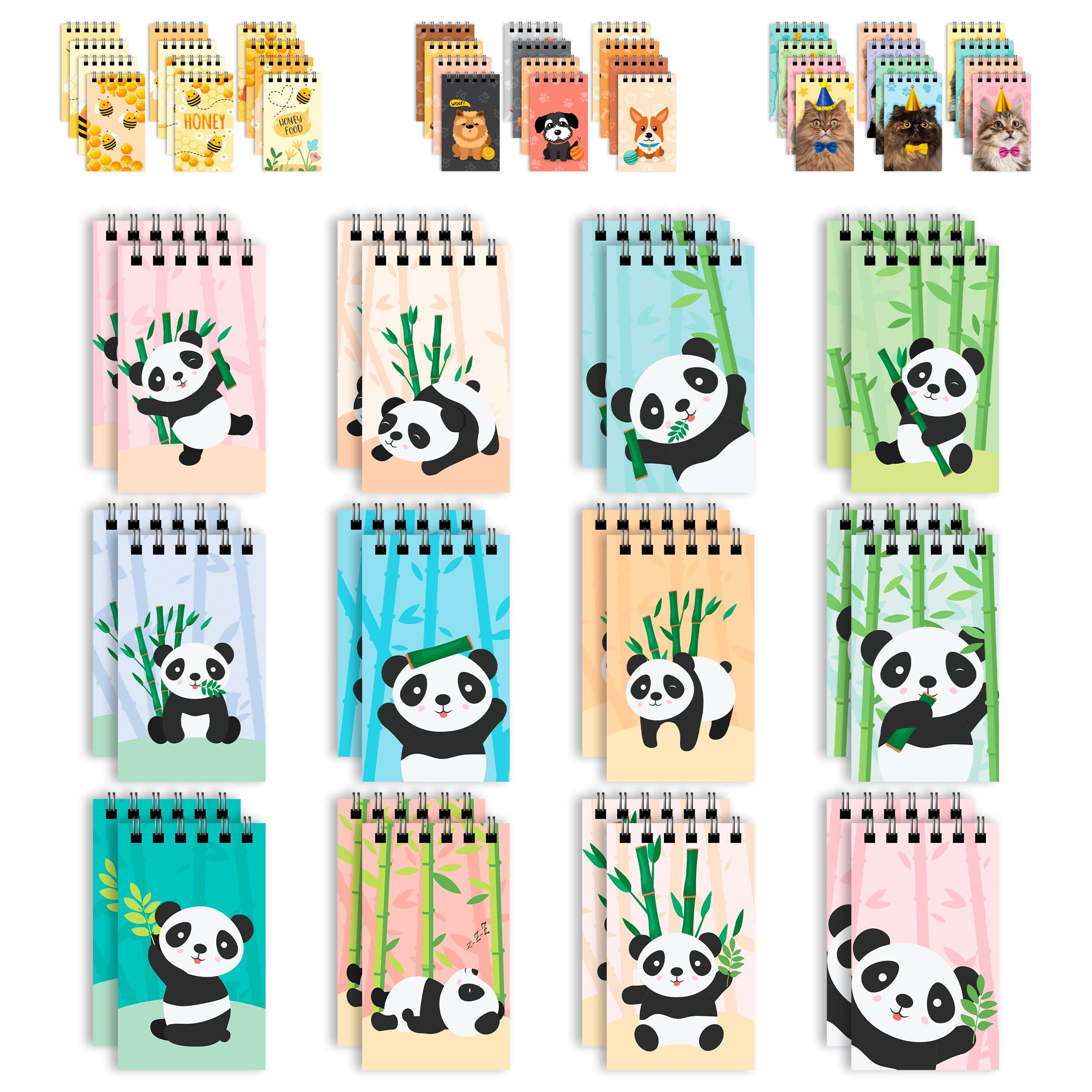 Decorably 24 Pack Panda Party Favors for Kids 8-12 - 12 Adorable Designs 2.4x4in Panda Notepad, Spring Bound 20 Sheets