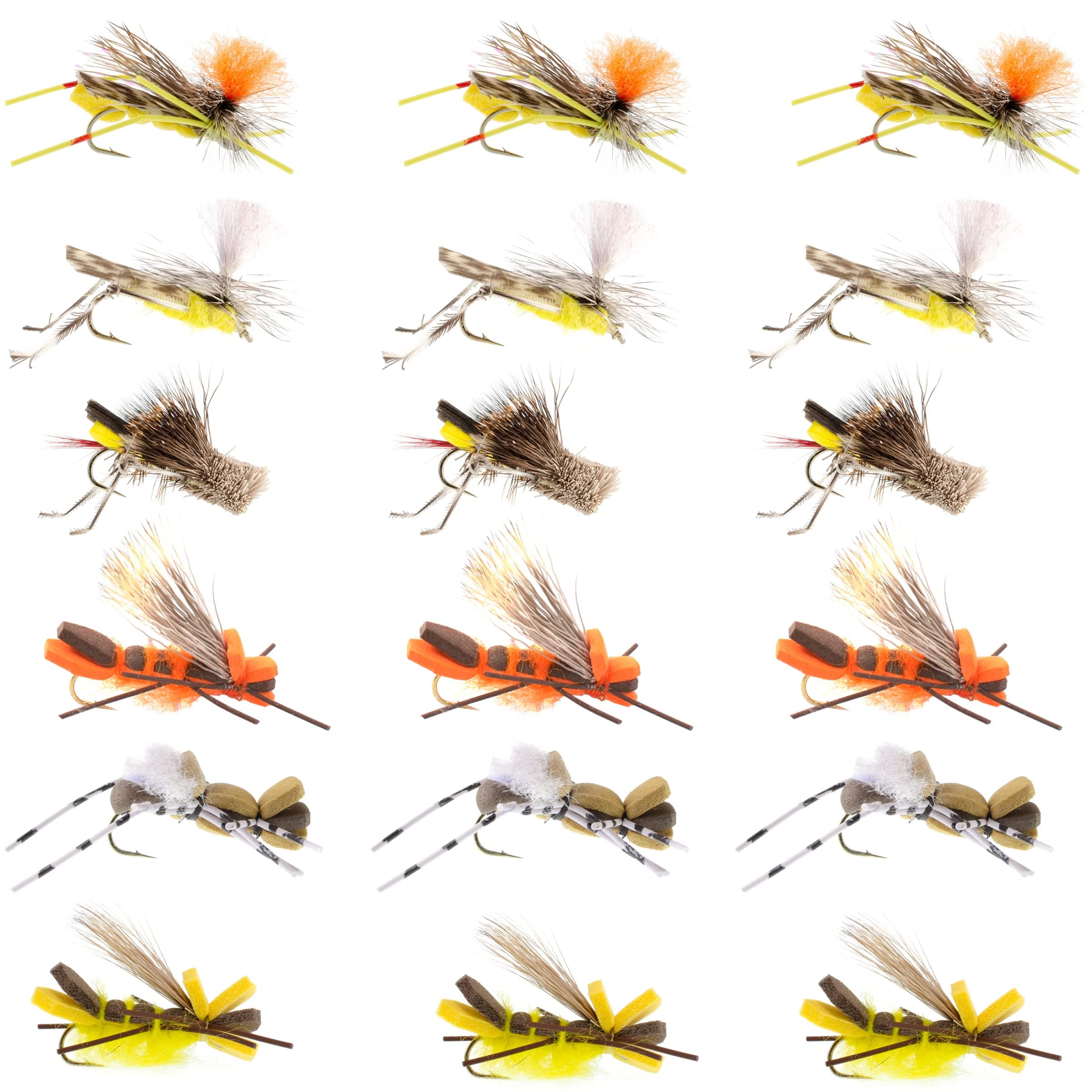 The Fly Fishing PlaceTerrestrial Fly Assortment - Foam Body High Visibility Grasshopper Dry Fly Collection with Fly Box - 18 Flies - Hook Size 10