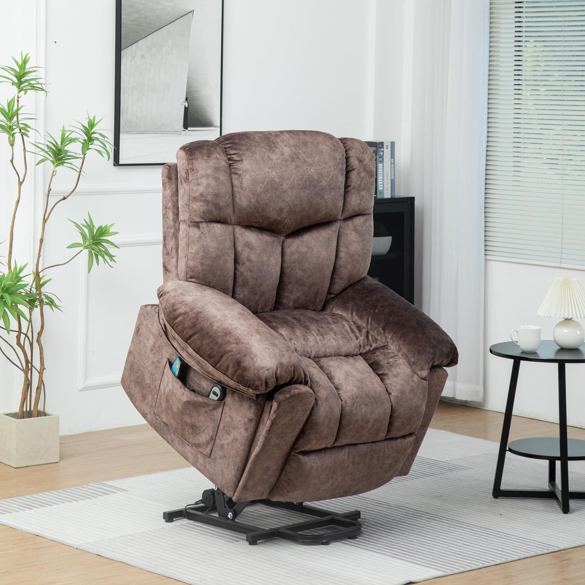 Merax Electric Recliner Armchair for the Elderly, Adjustable Massage Chair with 2 Cup Holders, Side Pockets and Remote Control, Relaxing Reclining Chairs for Living Room, Fabric, Brown