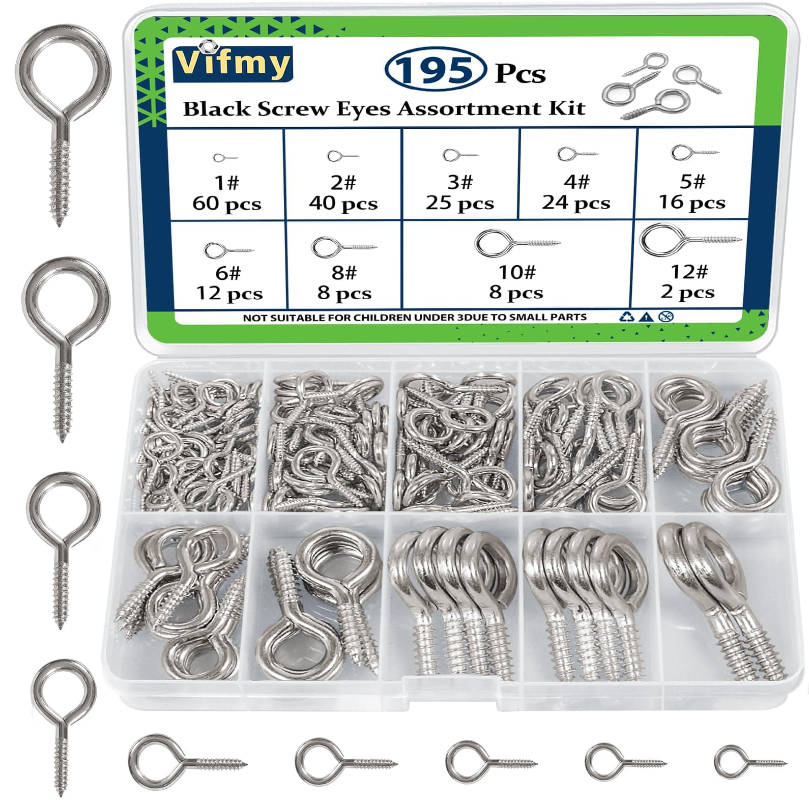 Screw Eyes Assortment Kit(195Pcs),0.75" 0.78" 0.90" 1" 1.1" 1.18" 1.39" 1.57" 1.75" Zinc Plated Eyelet Screws, Metal Small Tapping Screw Hooks Ring, Silver