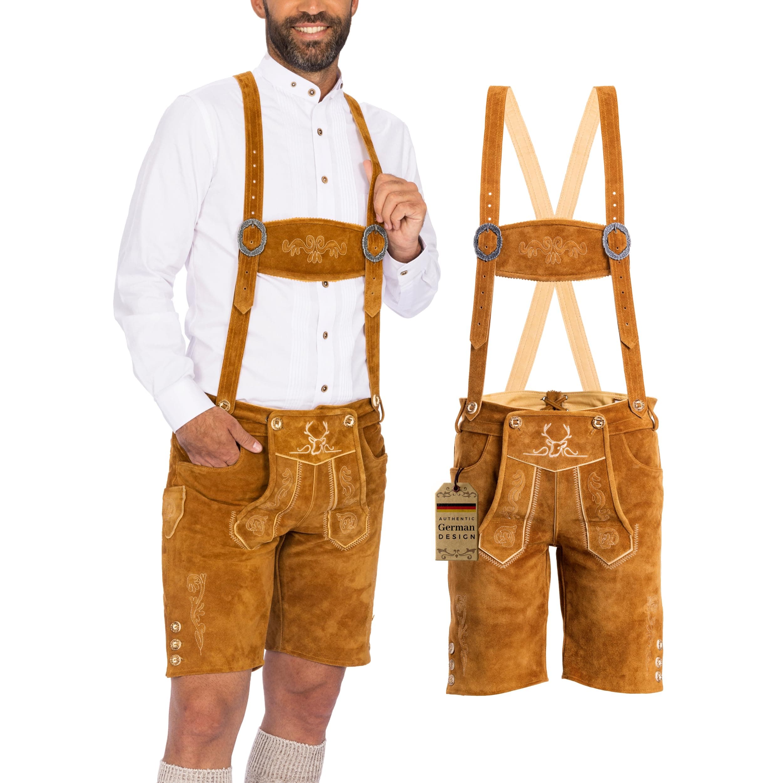 BAVARIA TRACHTEN Lederhosen Men - Genuine Leather Authentic German Lederhosen for Men, Oktoberfest Outfit - Short Light Brown