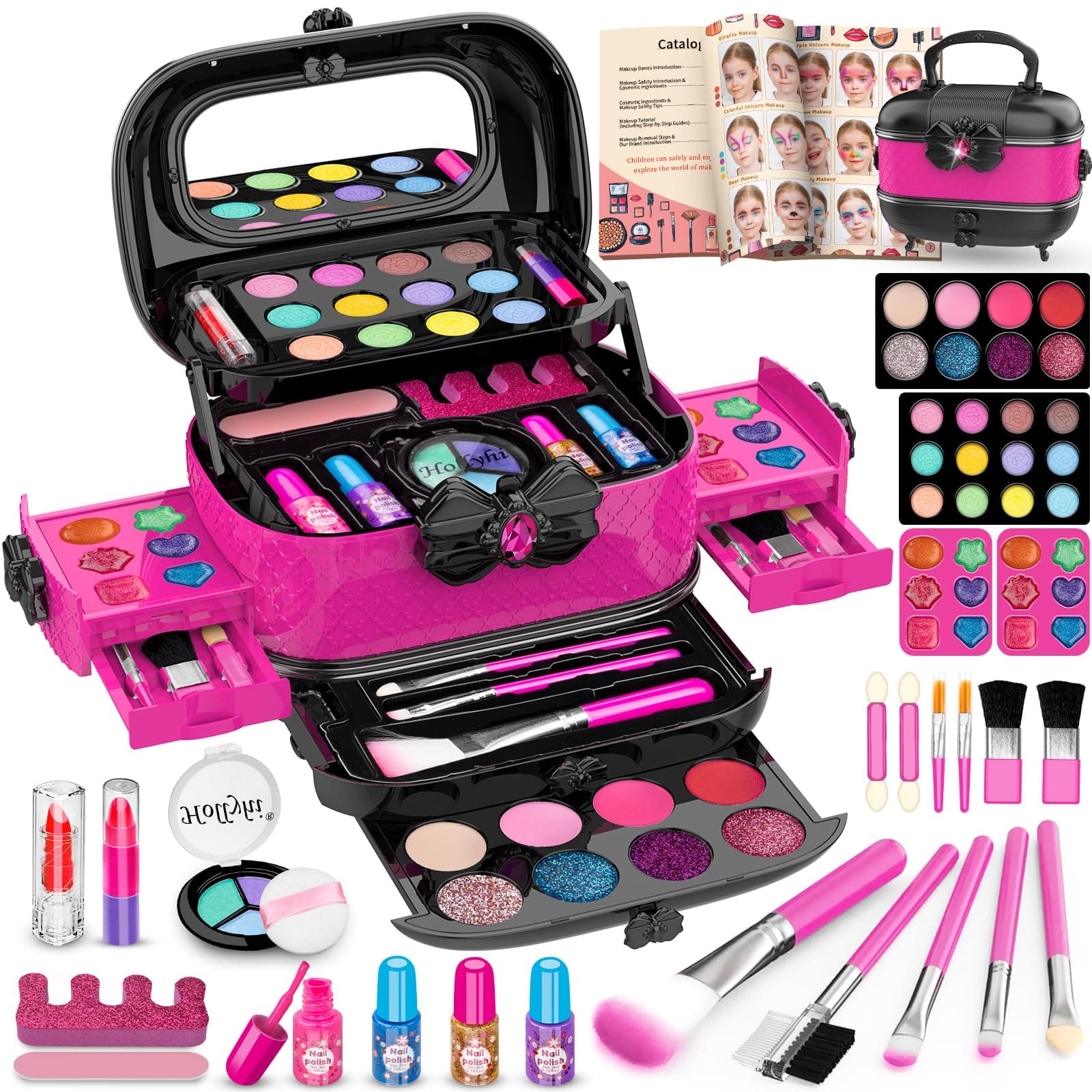 Hollyhi 41 Pieces Kids Makeup Toys Kit for Girls Washable Makeup Set with Real Cosmetic Case for Little Girls Pretend Play Makeup Beauty Set Birthday Toys Gift 3 4 5 6 7 8 9 10 Years Old