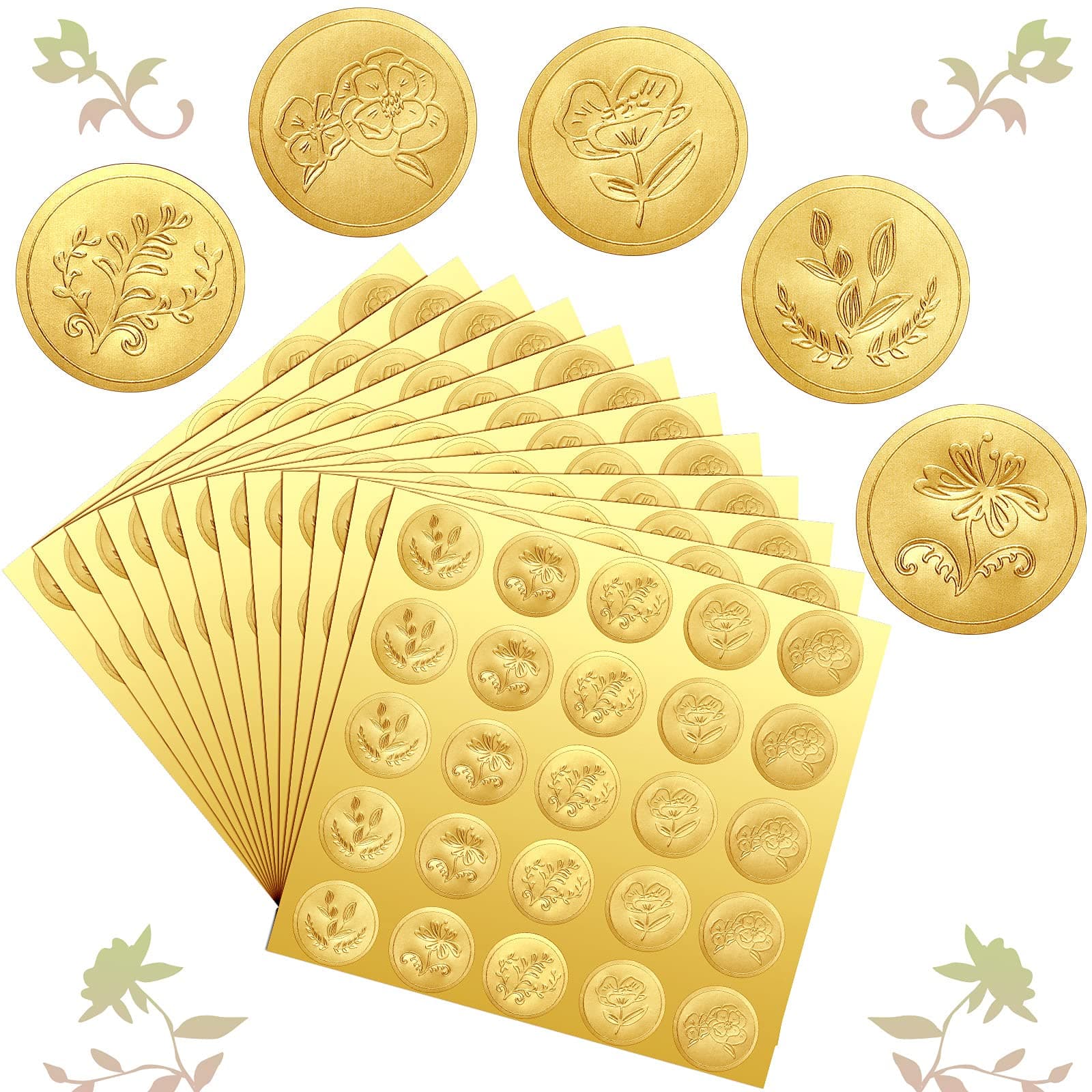 Chinco 500 Pieces Gold Embossed Envelope Seals Stickers Adhesive Seal Stickers Vintage Embossed Foil Certificate Kit Plant DIY Labels for Wedding Invitations Envelopes, 5 Patterns(Flower Style)