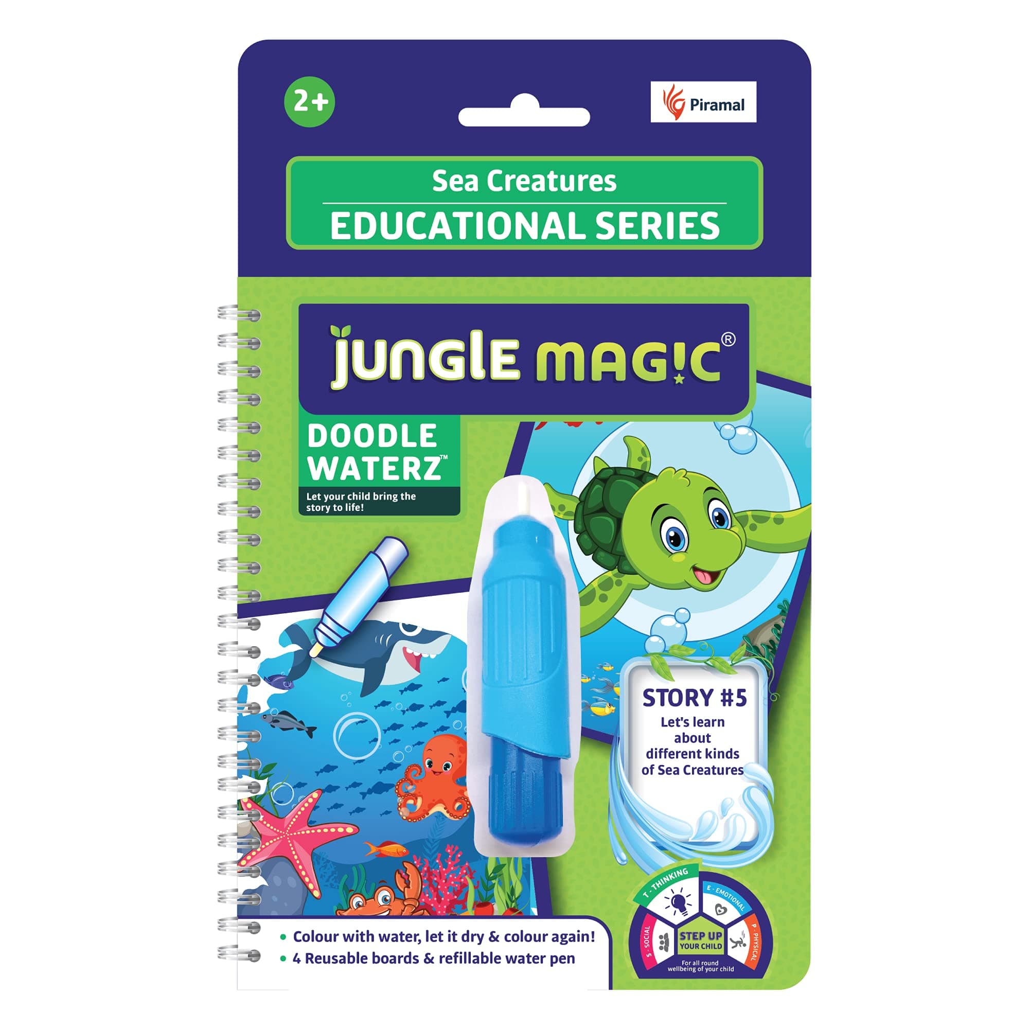 Plastic Doodle Waterz- Reusable I Water Colouring Book- Sea Creatures I Self-Drying with Easy to Hold Water Pen I Educational Toy for Kids, Multicolor