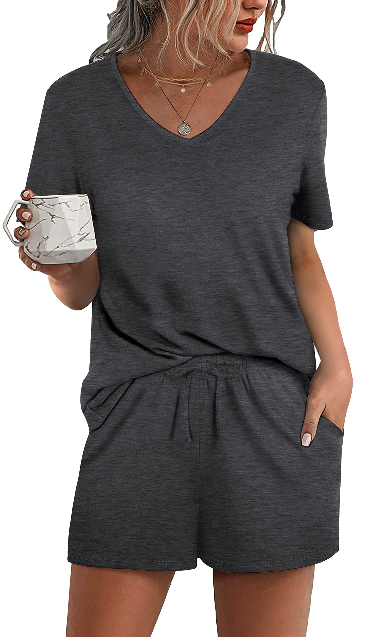 Aloodor Lounge Set for Women 2 Piece Outfits Short Sleeve V Neck Pjs Sleepwear Soft