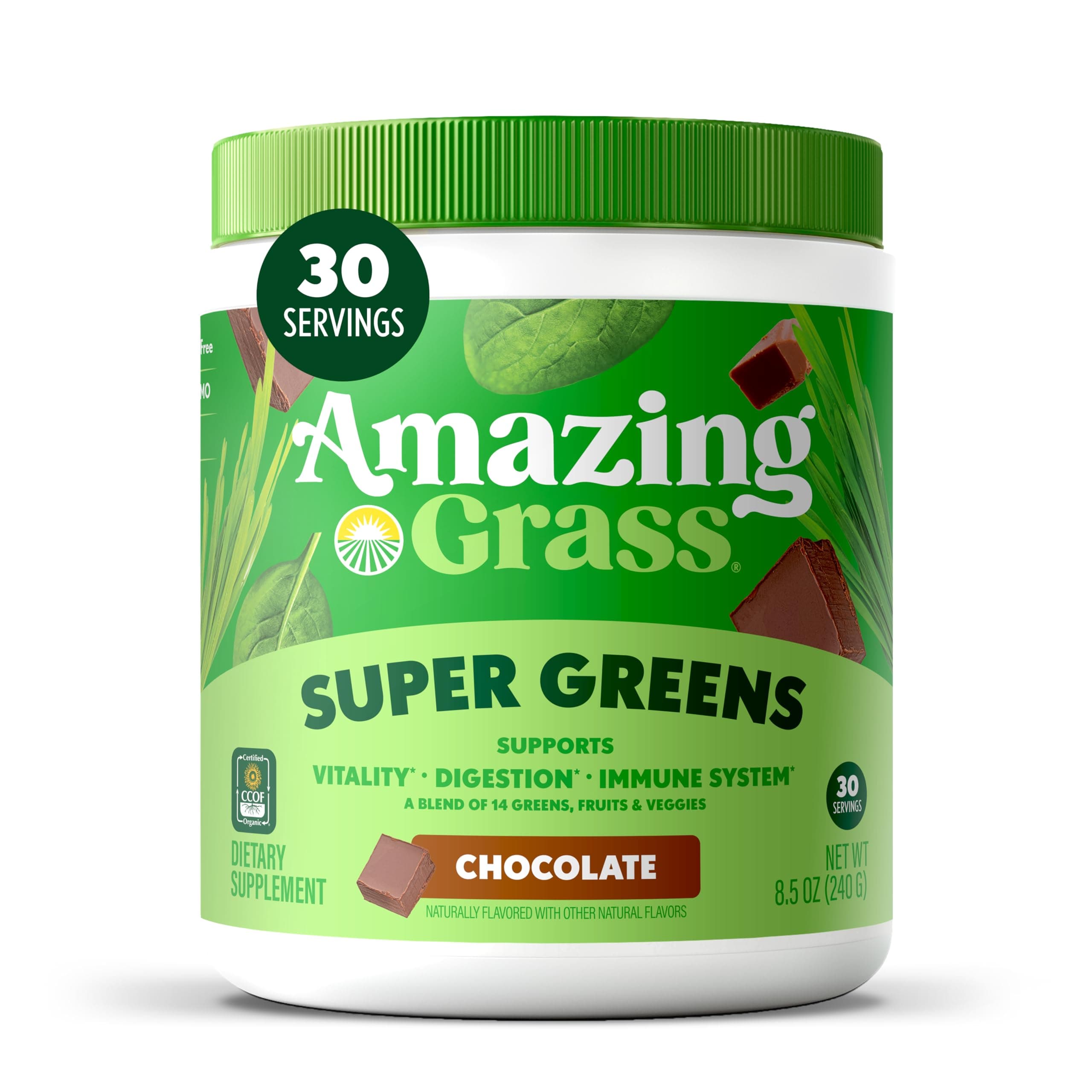 Greens Superfood Powder: Greens Powder with Digestive Enzymes & Probiotics, Organic Spirulina, Chlorella, and Beet Root Powder, Chocolate, 30 Servings