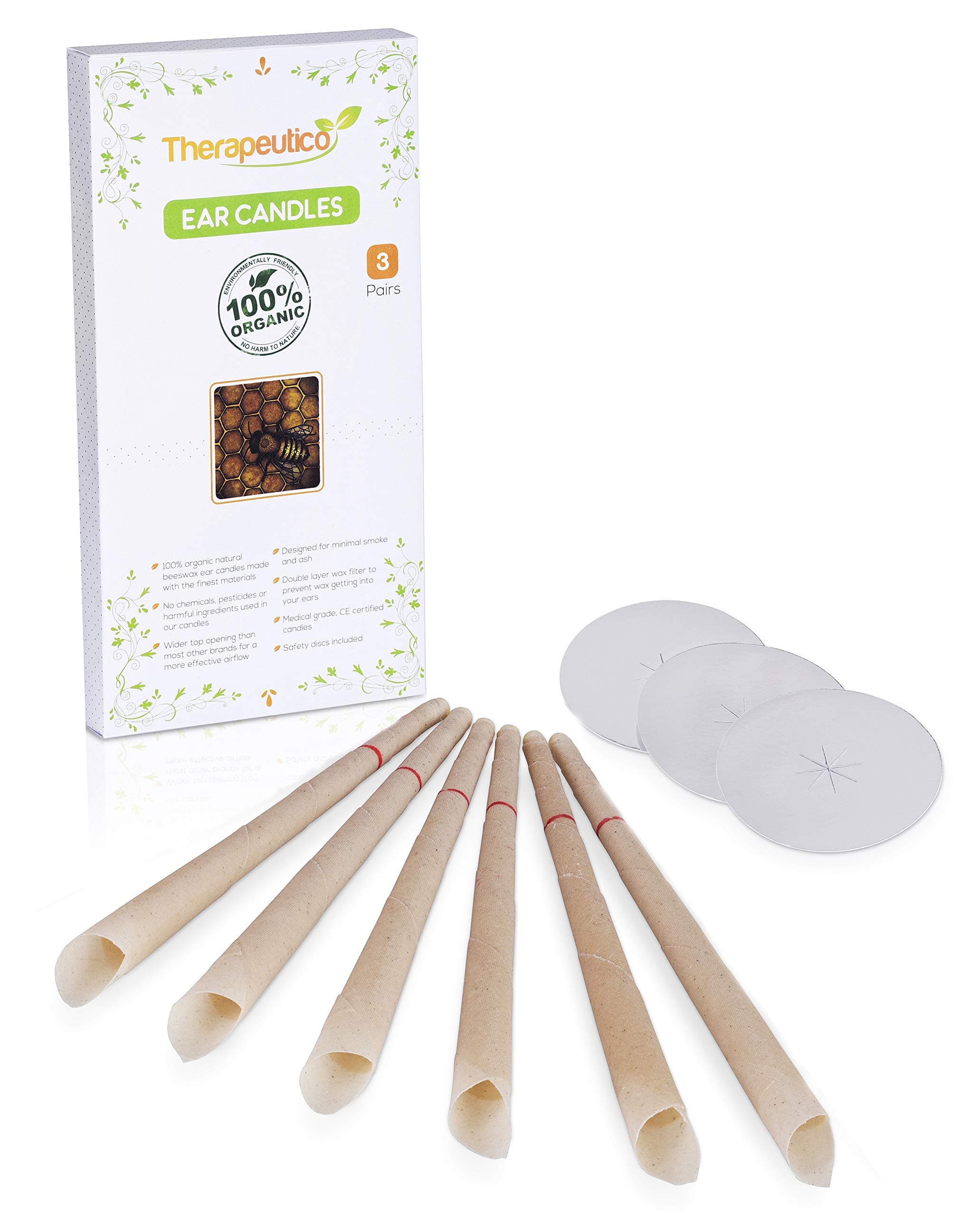 Natural Organic 100% Beeswax Hopi Ear Candles, 6 Hand-Crafted Candles, Medical Grade with Safety Disc and Double Wax Filter, Relaxing | Free Ebook |