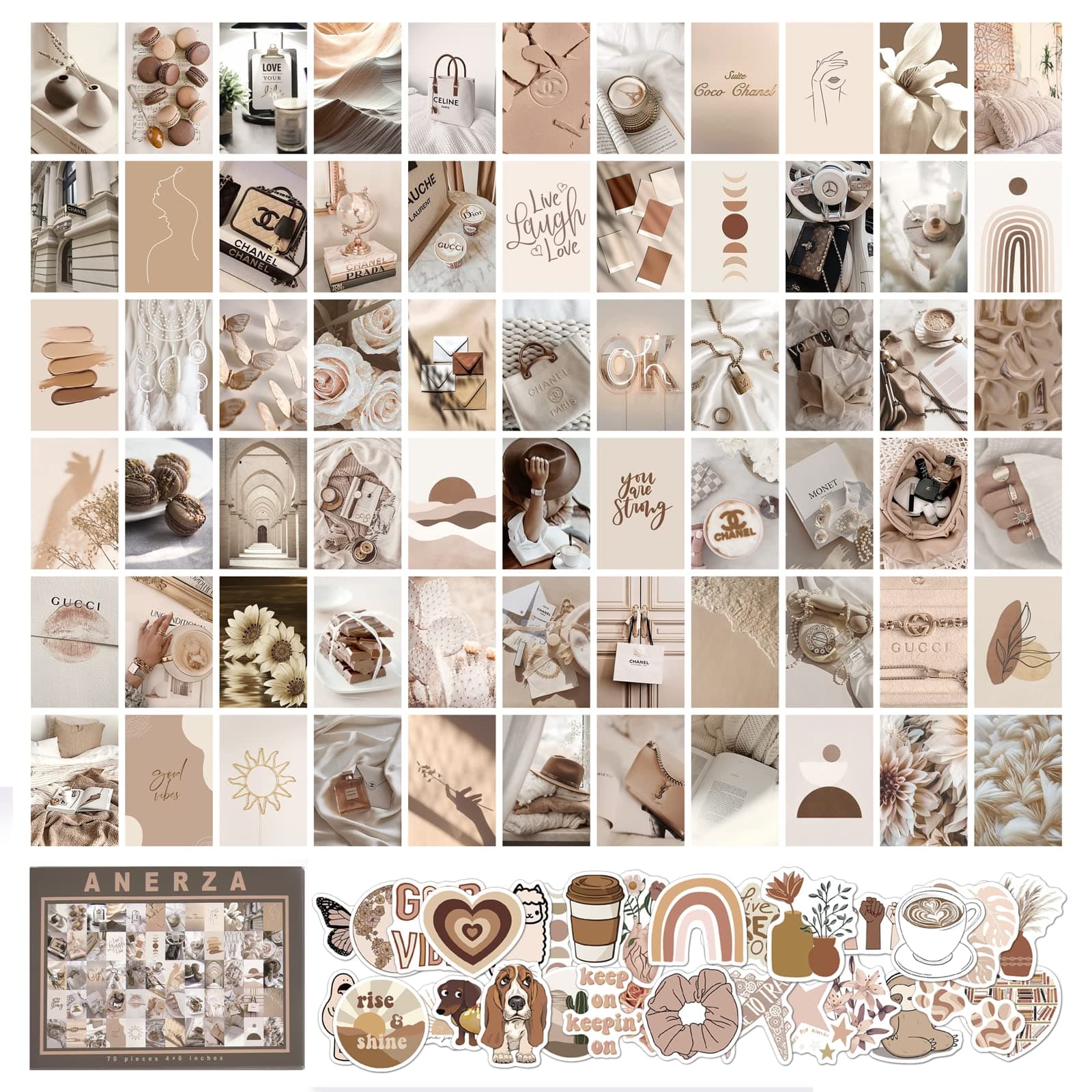 Beige Boho Wall Collage Kit with 70 Aesthetic Pictures and Stickers for Teen Girl's Bedroom