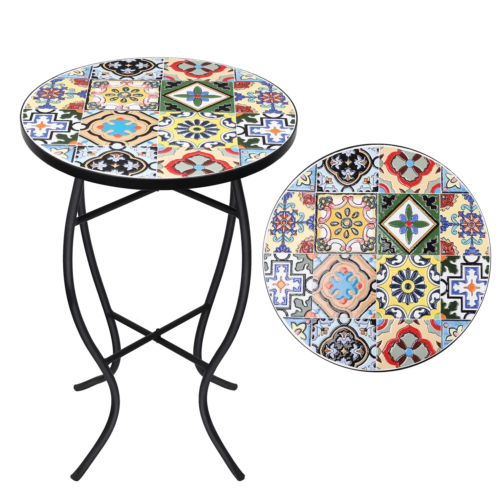 VCUTEKA Outdoor Mosaic Side Table - Small Patio Table Coffee Table Outside Accent Table Round End Plant Table for Bistro Balcony Porch Outdoor Benches 14''