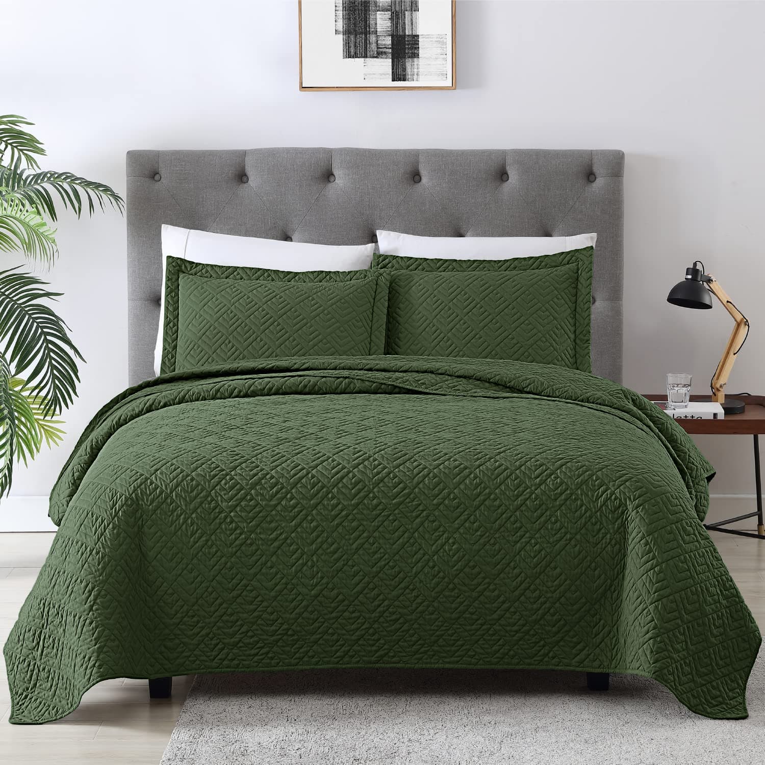 EXQ Home Quilt Set King Size Olive Green 3 Piece,Lightweight Soft Coverlet Modern Style Squares Pattern Bedspread Set(1 Quilt,2 Pillow Shams)