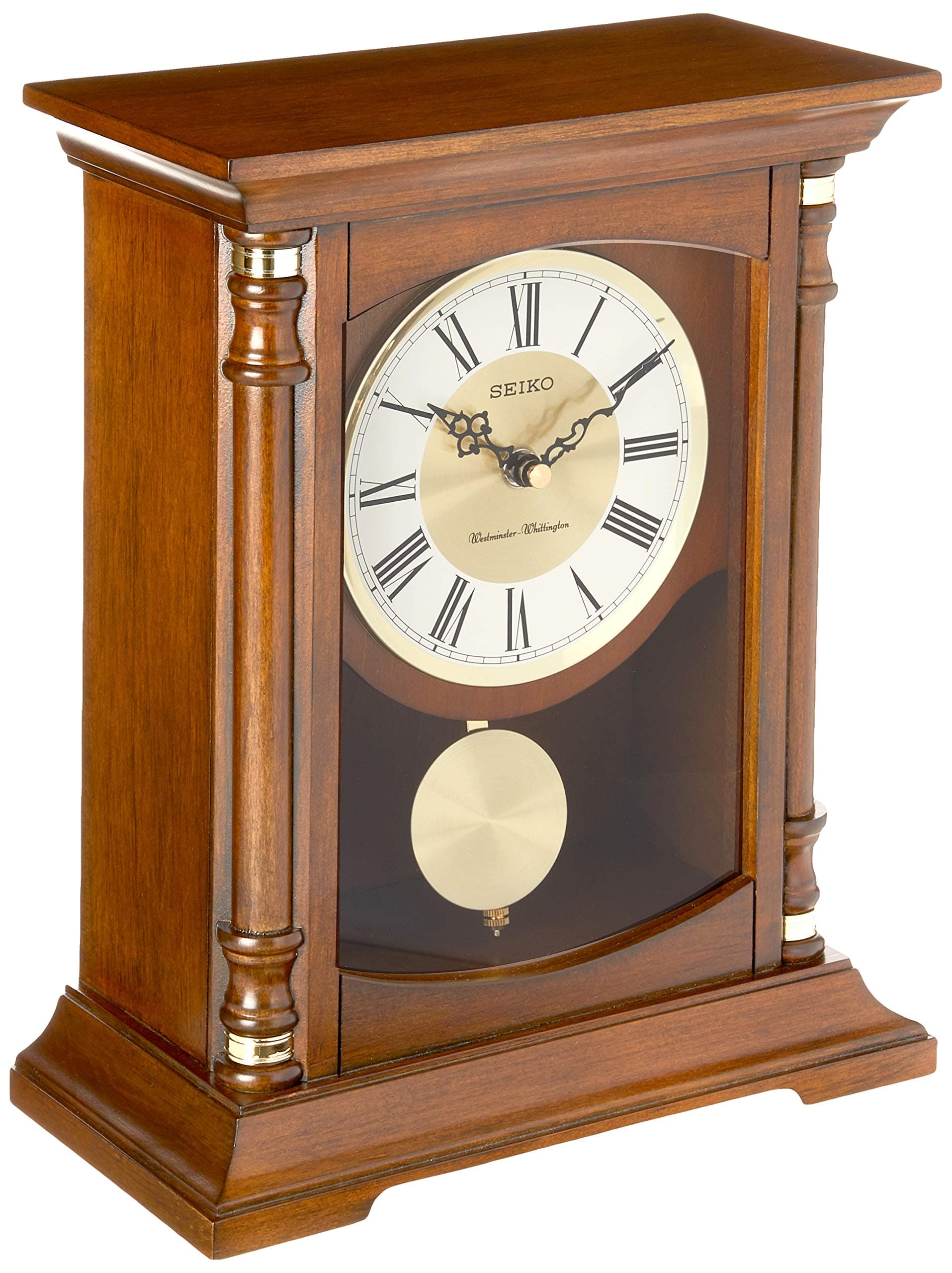 Decorative Vertical Brown Wooden Analog Home/Office Decor Roman Numbers Dual Chimes Table Top Clock with Pendulum (Size: 24.8 x 12.3 x 31 CM | Weight: 2600 gram | Color: Brown) QXQ034B