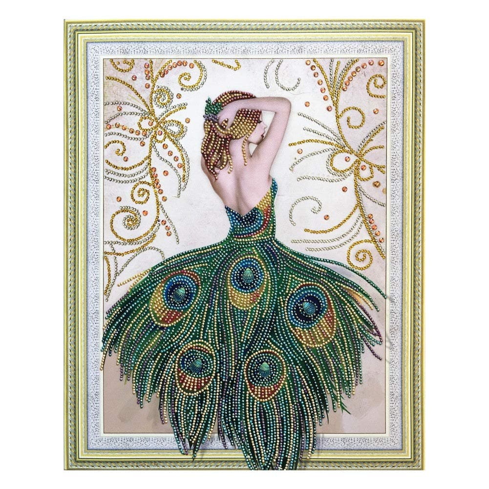 PowerBH Frameless Peacock Girl 5D DIY Diamond Painting Cross Stitch Crafts Childrens and Adults Paint by Number Kits Partial Special Shaped Diamond Pasting Area