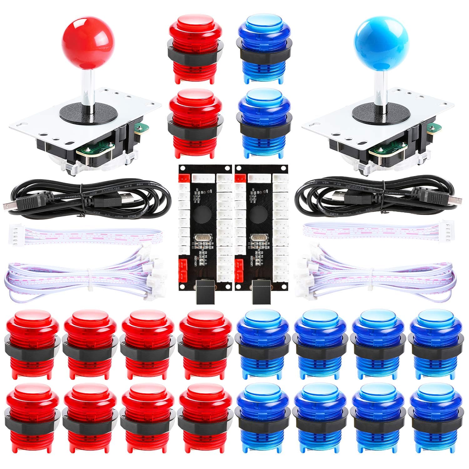 Hikig 2 Player Arcade Games Controller DIY Parts Kit for Windows Games and Raspberry Pi,2x 5PIN Joystick + 20x LED Buttons + Zero Delay USB Encoder, Color: Red & Blue
