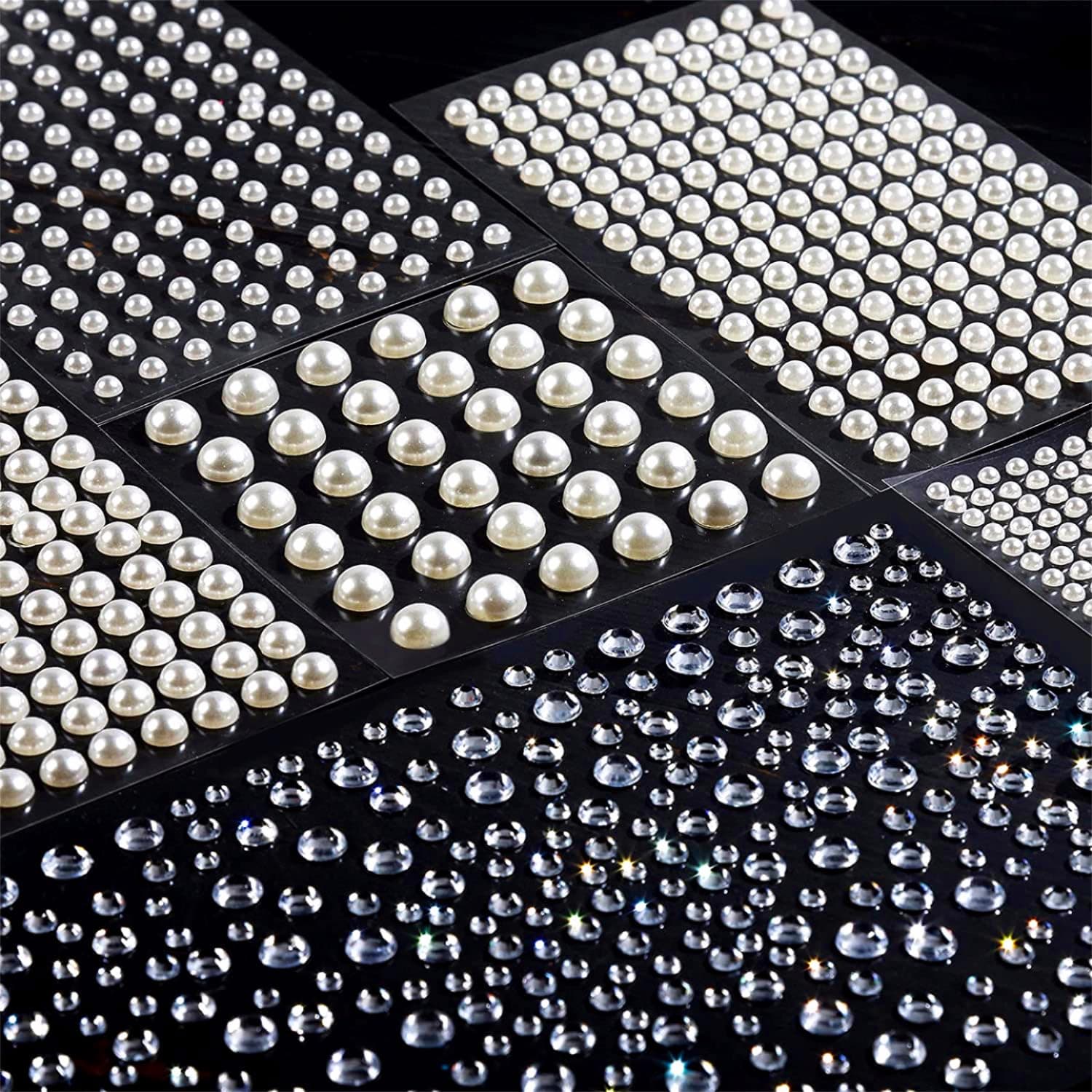 Teenitor 2582Pcs Pearl Stickers and Rhinestones Stickers, Self Adhesive Pearl Stickers for Nail 3/4/5/6/8mm Flat Back Crystal Rhinestone Pearl Gems for Nail, Crafts,Hair, Face, Makeup