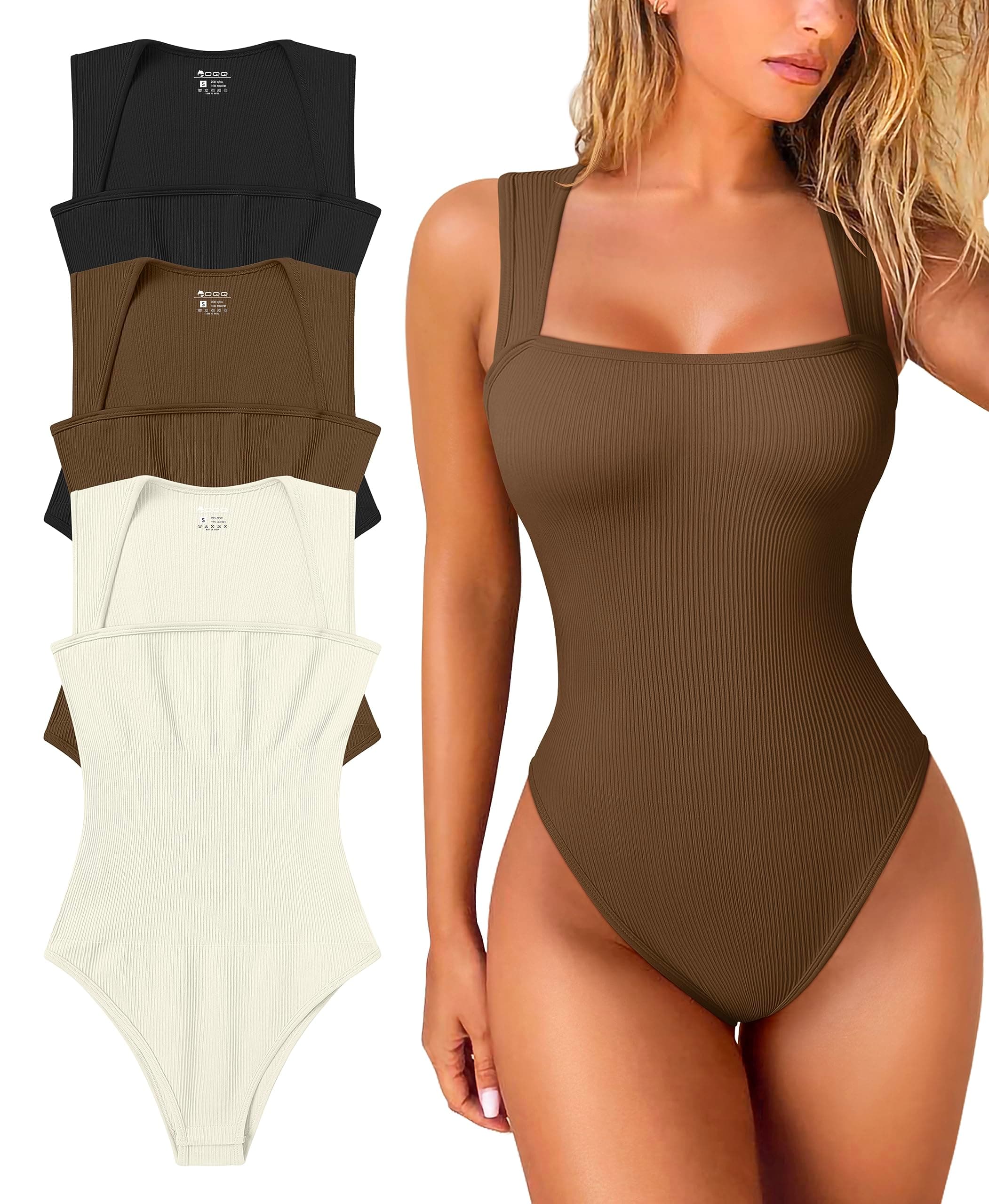 3 Piece Women's Sexy Ribbed Straps Square Neck Sleeveless Tummy Control Tank Top Bodysuits Black Coffee Beige