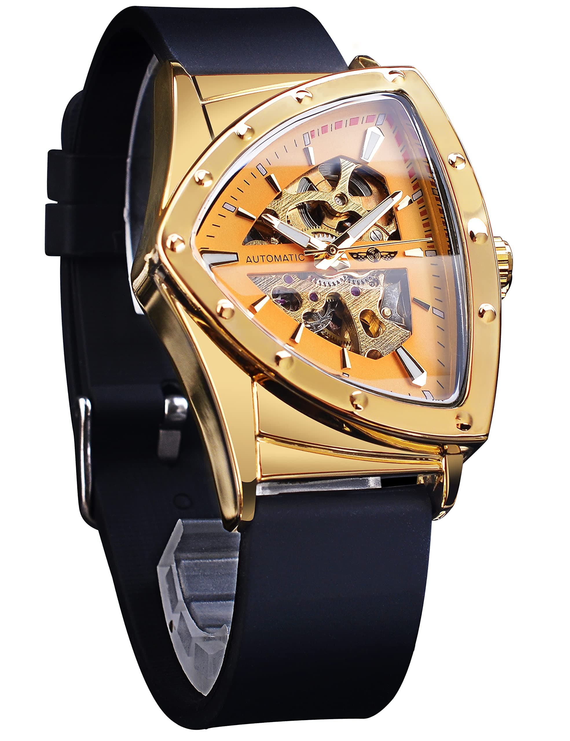 Triangular Gold Shield Automatic Mechanical Watch, Oversized Dial Fully Hollowed Out Dial Design, Automatic Movement, 20MM Wide Stainless-Steel Strap, Strong and Durable