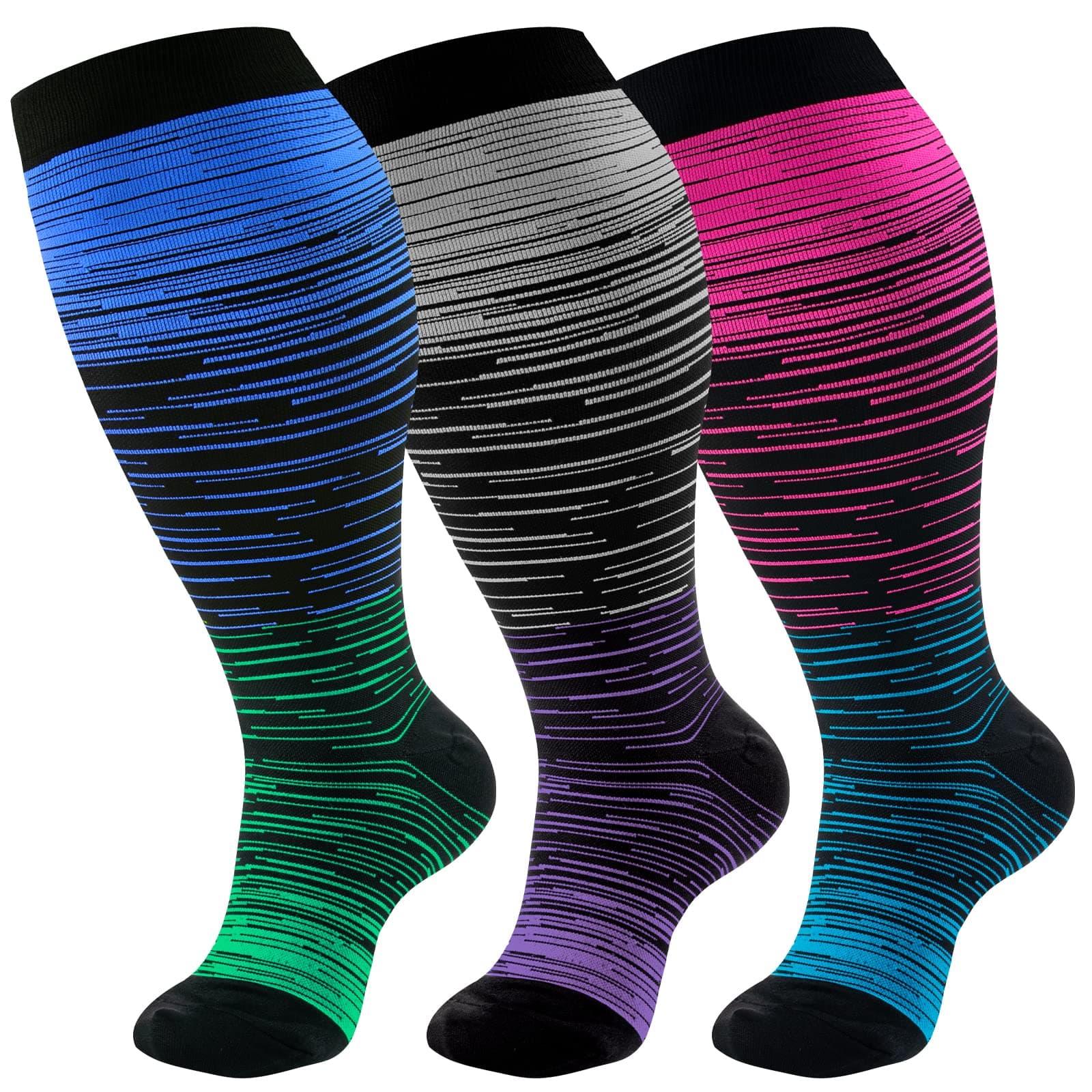 3 Pairs Plus Size Compression Socks Extra Wide Calf Women&Men 20-30mmHg Support Dancing Cycling Running Climbing