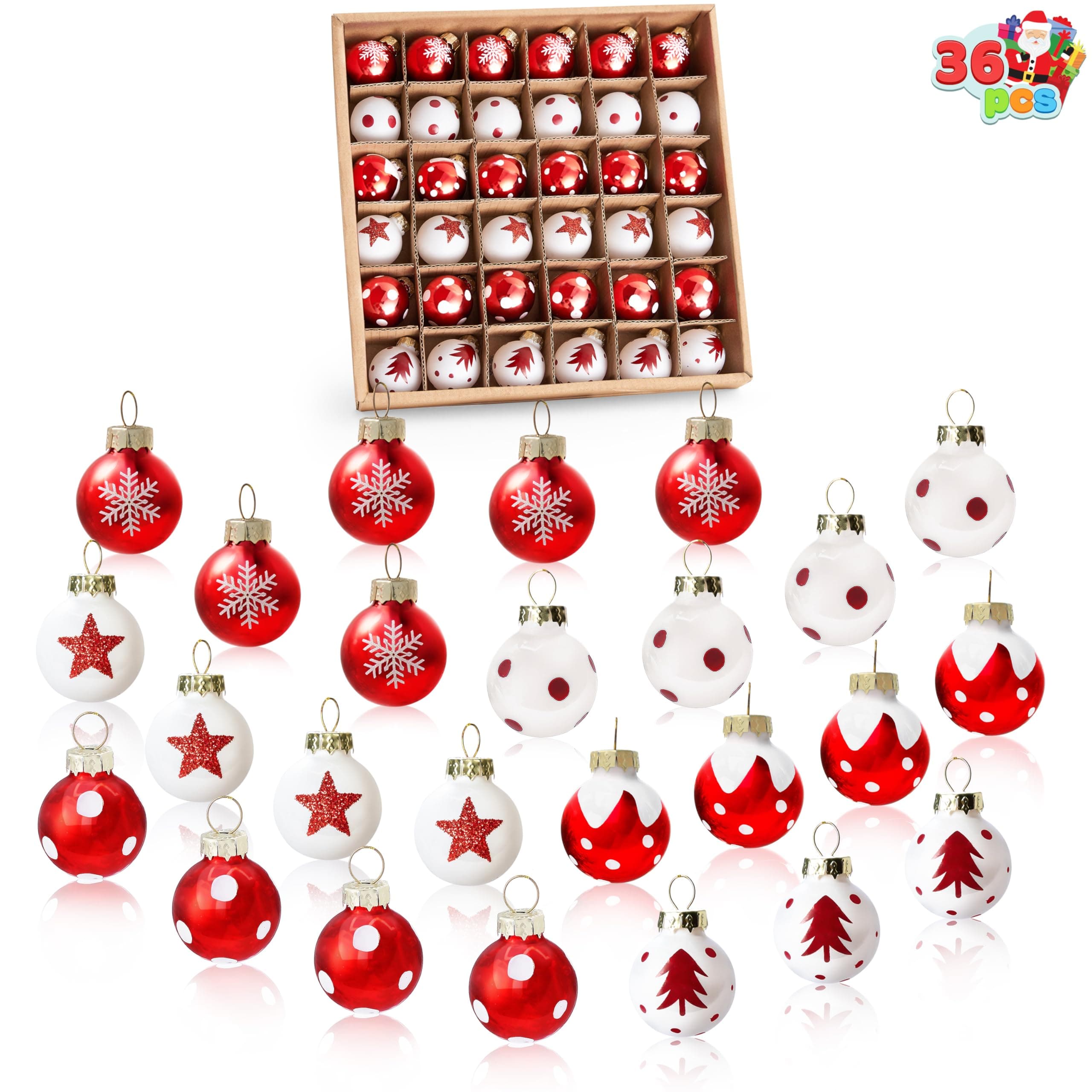 JOIEDOMI 36 Pcs Christmas Mini Ball Ornament Set, Metalic Glass Balls with Glitter Prints & Rope Hangers, Hanging Miniature Ornaments for Christmas Tree, Xmas Glass Party Decor Supplies (Red & White)