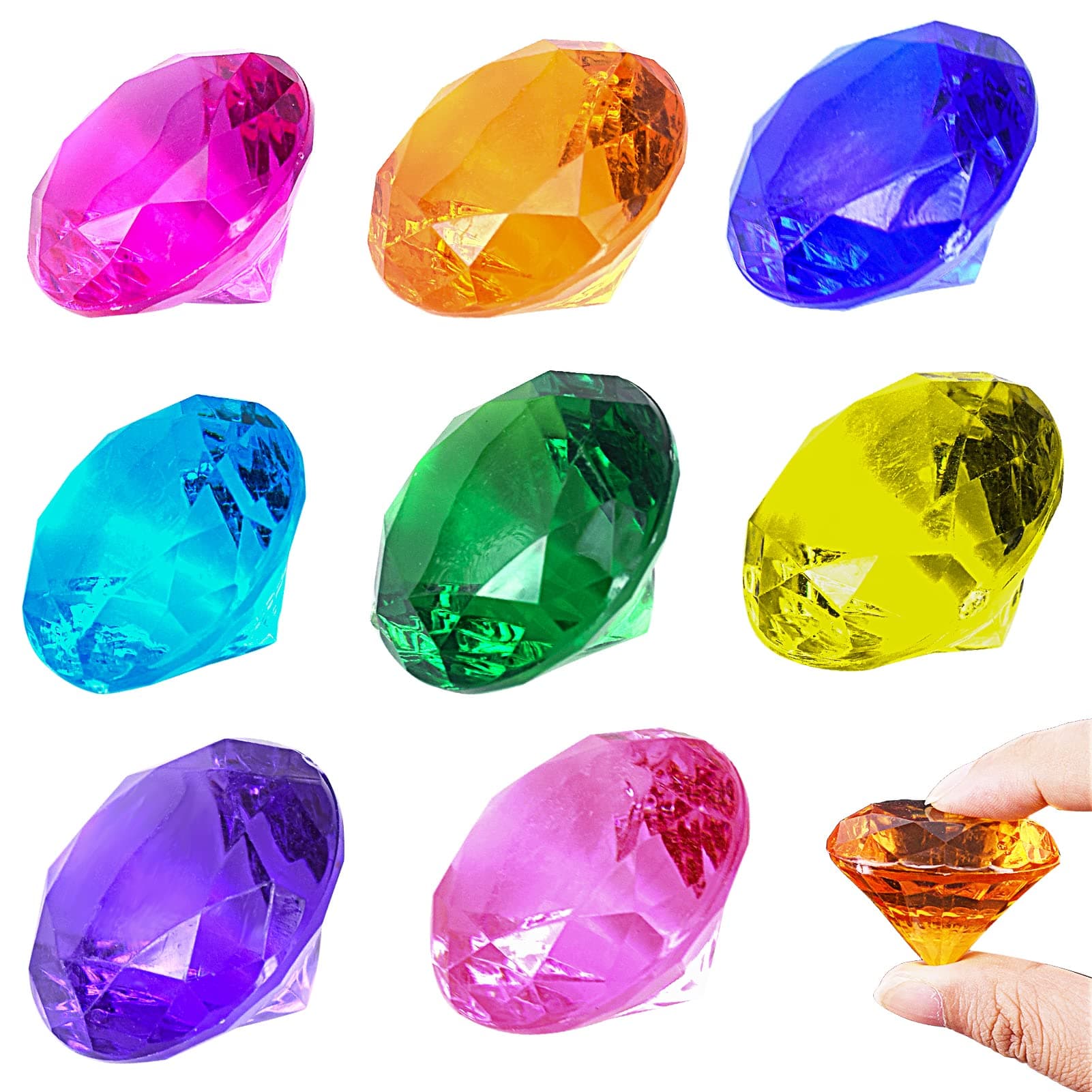 8Pcs 40mm Big Size Diamond Gemstones, Large Acrylic Diamond Gems Jewels Pirate Treasure Chest Hunt Toy Fake Plastic Crystals for Crafts Party Favors Christmas Decorations Easter Prizes Vase Filler