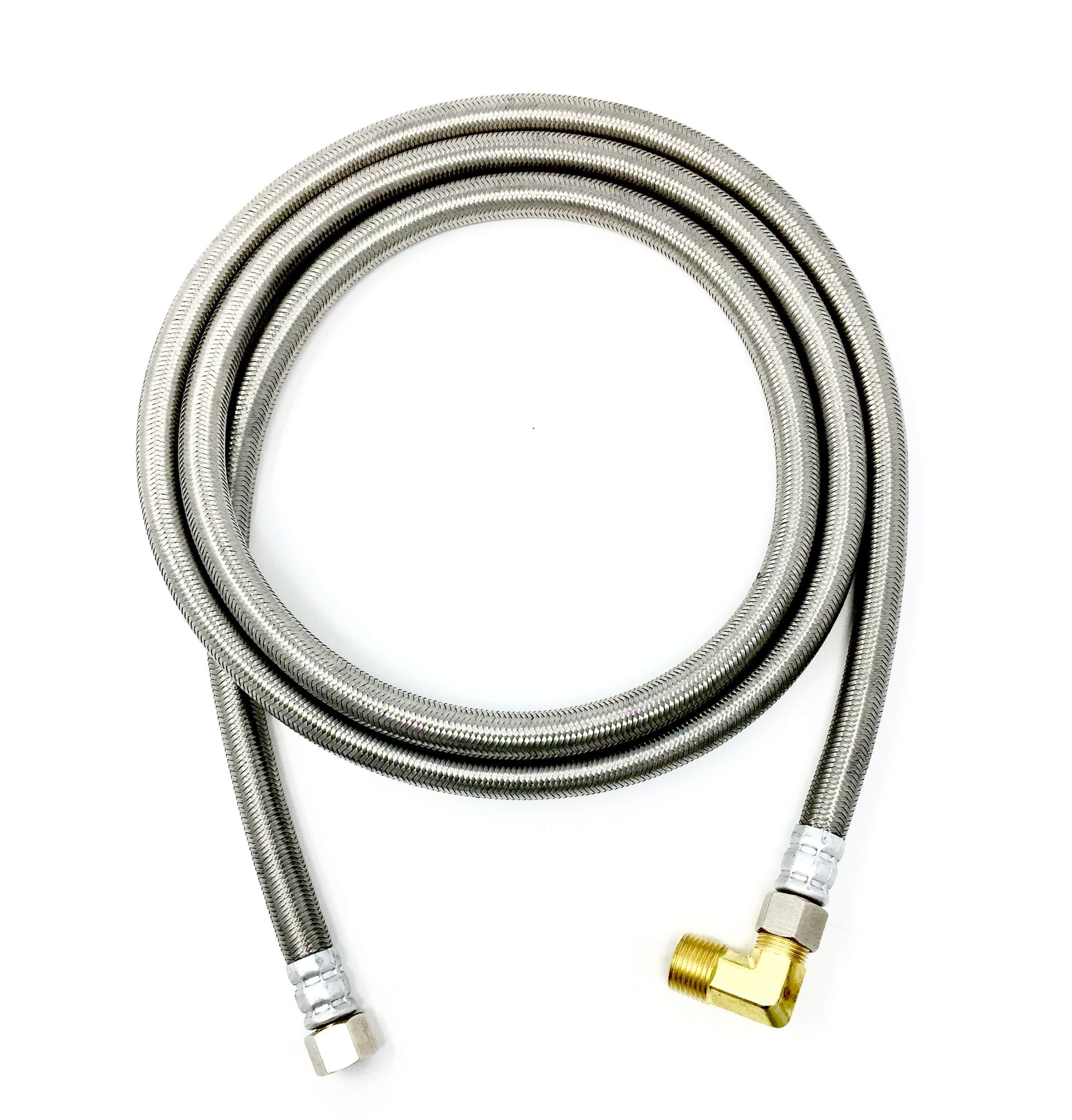 Premium Stainless Steel Dishwasher Hose - 6 FT No-Lead Burst Proof Water Supply Line 3/8" comp x 3/8" comp with attached 90 degree elbow - 10 year warranty