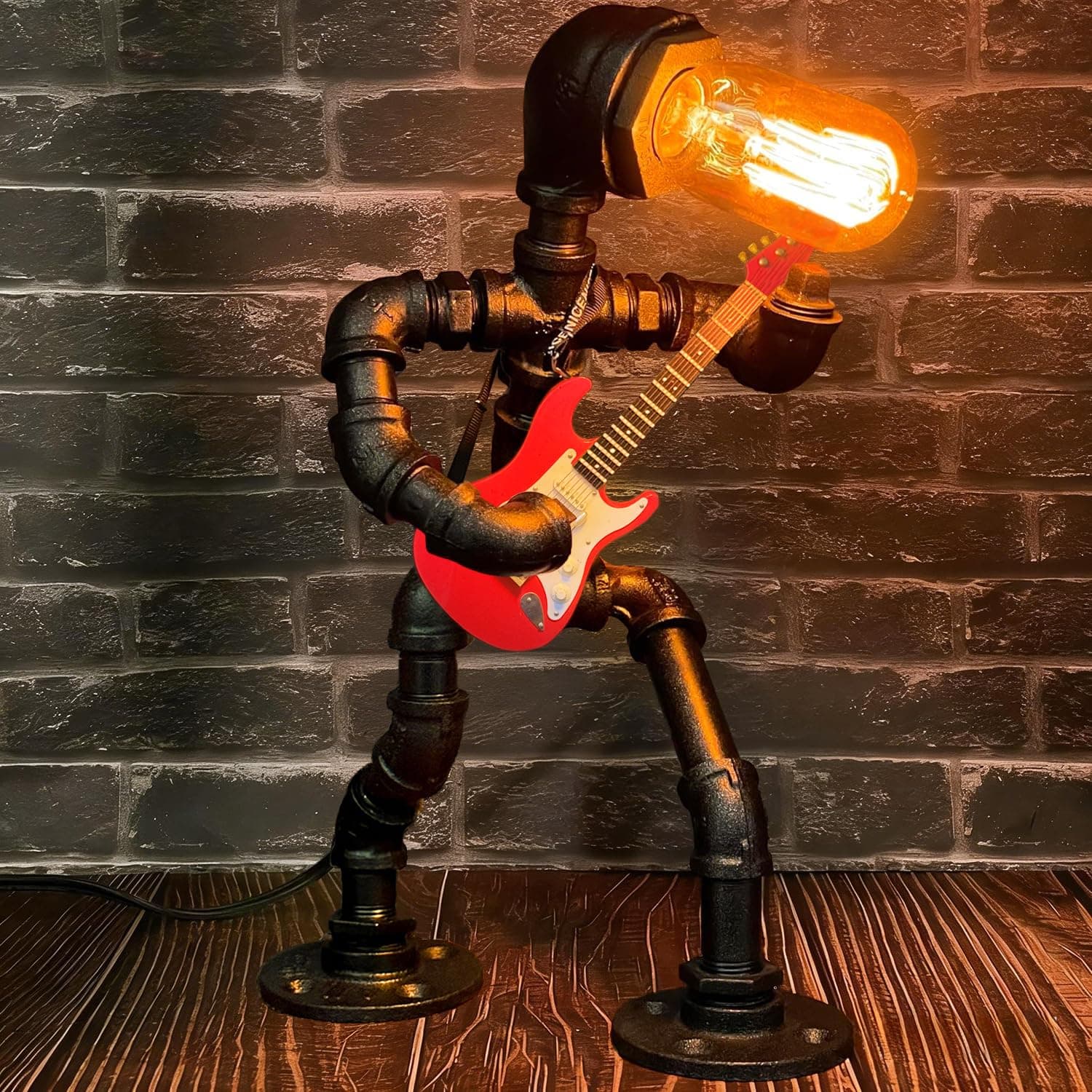 Steampunk Industrial Vintage Electric Bass Guitar Table Lamp with Miniature Guitar, Cool Guitar Art Decor, Unique Gifts for Men Music Lovers & Players, Includes LED Edison Bulb (Red Guitarist)