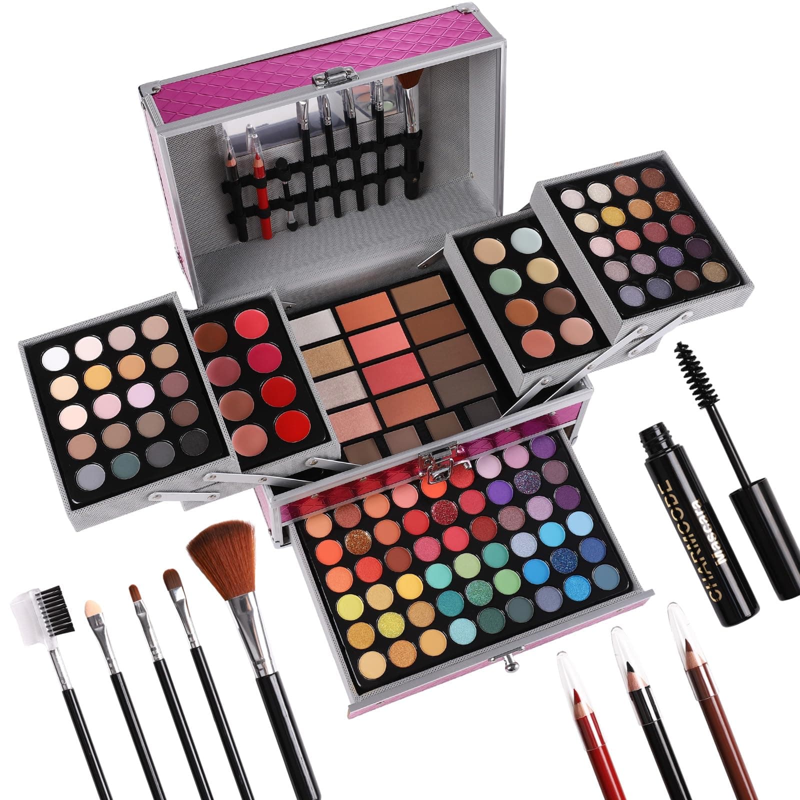 All in One Makeup Gift Set for Women Girls Full Kit, Includes Eyeshadow, Lipstick, Concealer, Highlighter, Eyebrow Powder, Blush, Contour, Lip Liners, Eyeliner, Brushes (Cerise)